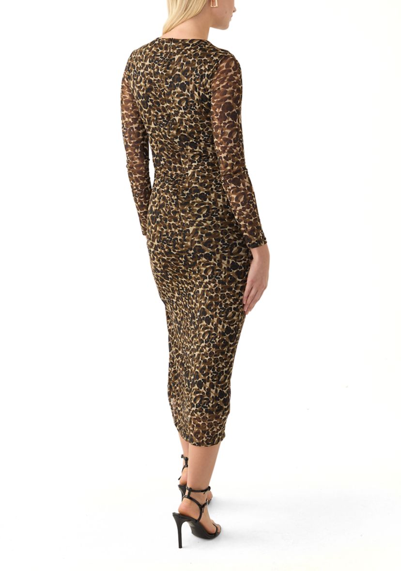 Womens Long Sleeve Mesh Crew Neck Printed Midi Sheath Dress with Side Slit