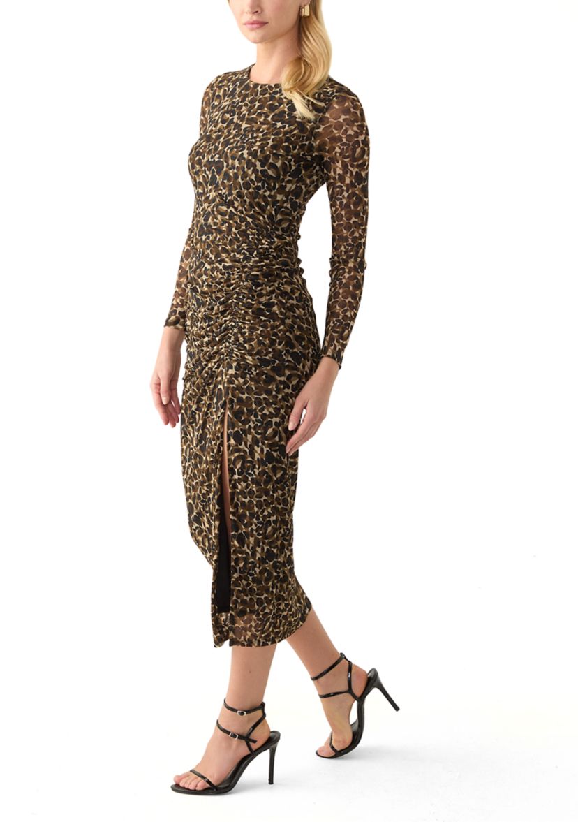 Womens Long Sleeve Mesh Crew Neck Printed Midi Sheath Dress with Side Slit