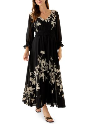 Taylor Women's Long Sleeve V-Neck Floral Print Maxi Dress, Black, 10