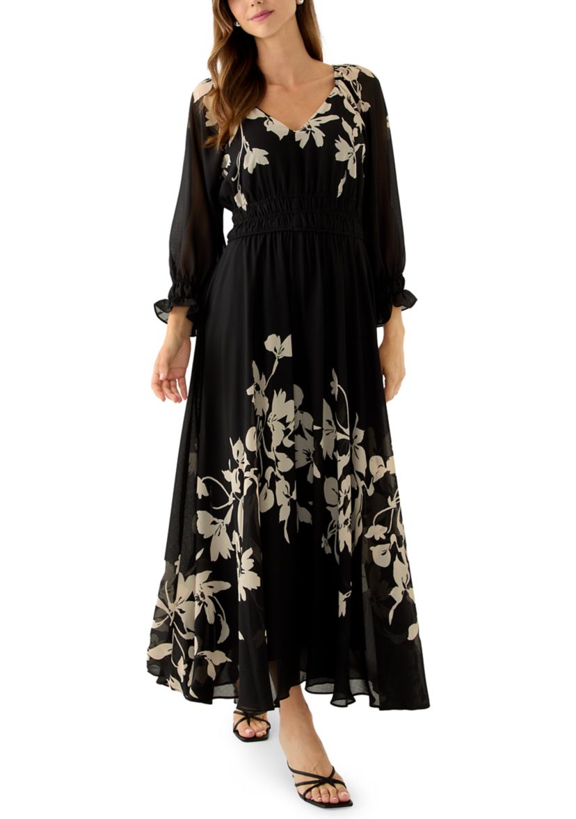 Womens Long Sleeve V-Neck Floral Print Maxi Dress