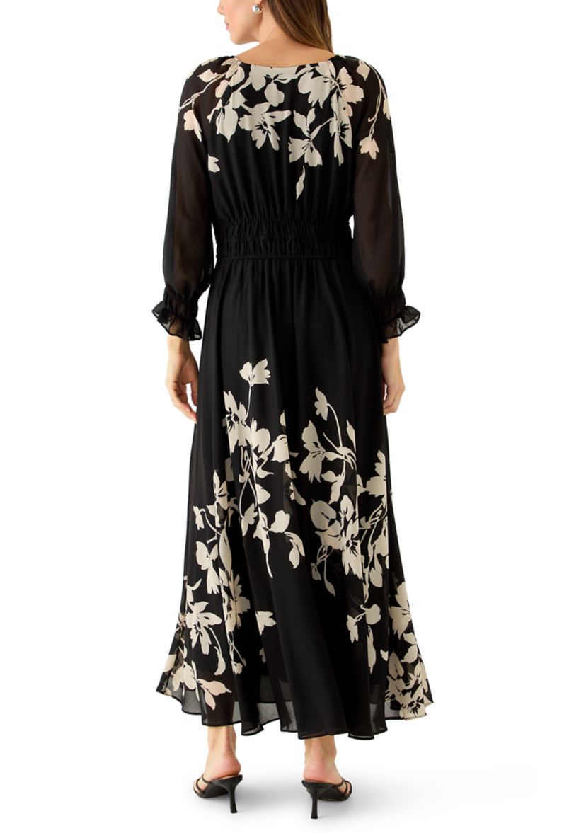 Womens Long Sleeve V-Neck Floral Print Maxi Dress