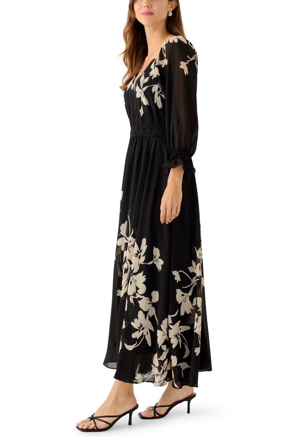 Womens Long Sleeve V-Neck Floral Print Maxi Dress