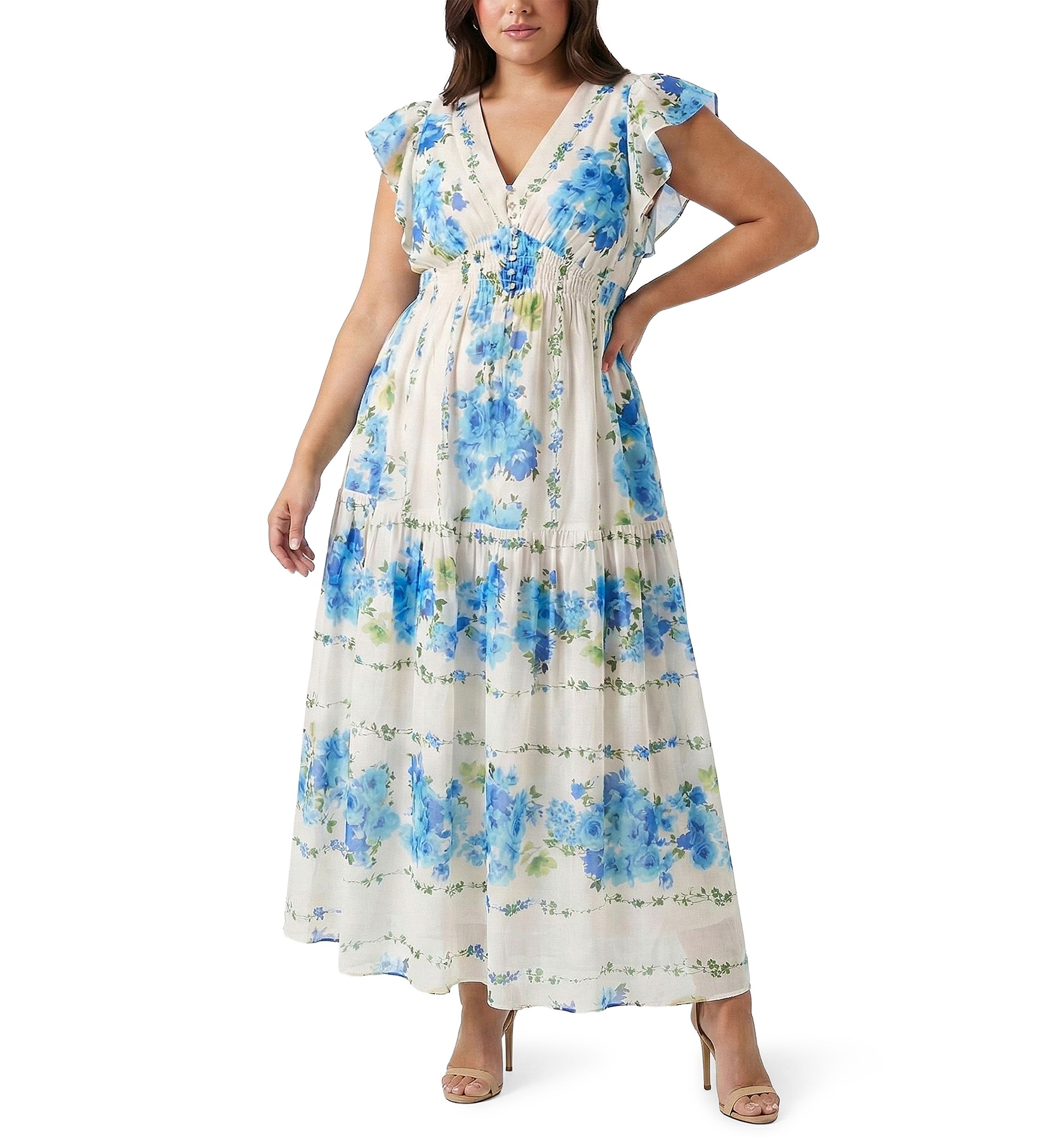 Taylor Plus Size Short Sleeve V-Neck Floral Print Fit and Flare Maxi Dress  | Belk