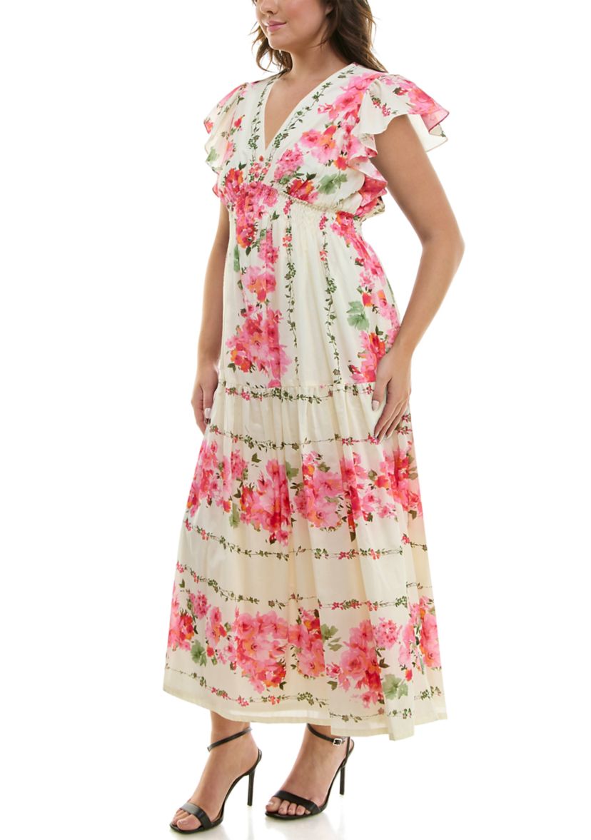Taylor Plus Size Short Sleeve V-Neck Floral Print Fit and Flare Maxi Dress  | Belk