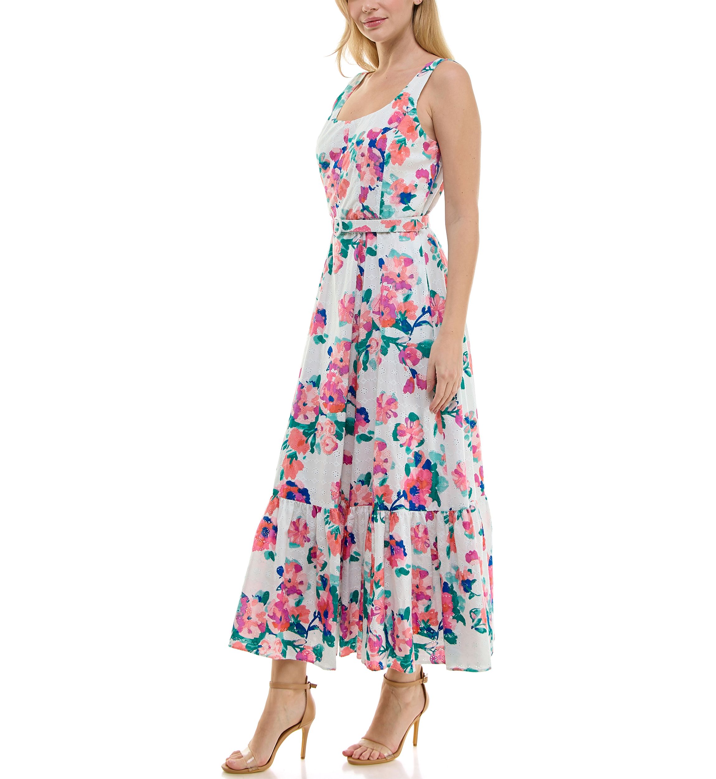 Womens Belted Scoop Neck Dress