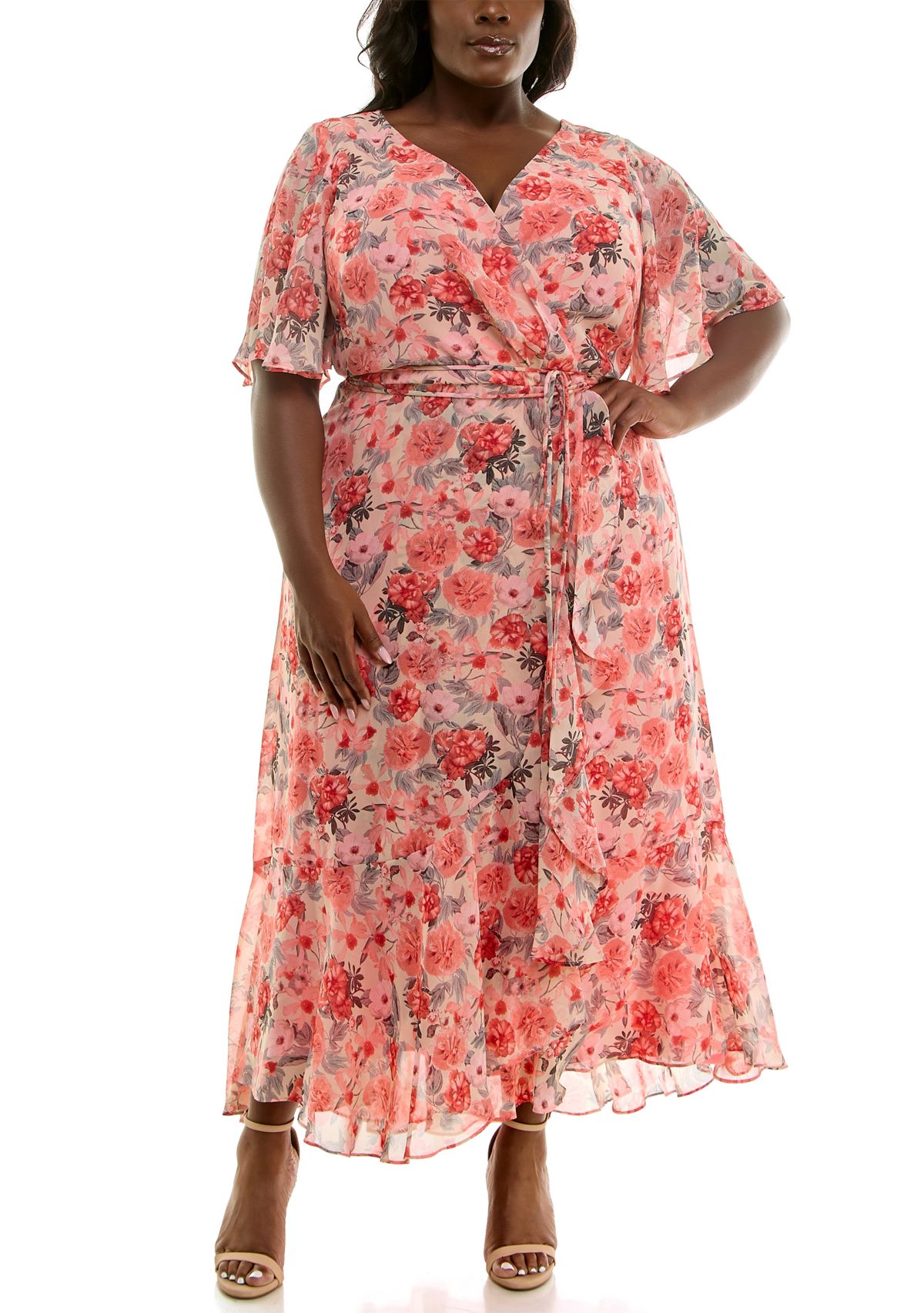 Plus Size Short Sleeve V-Neck Floral Print Chiffon Fit and Flare Maxi Dress