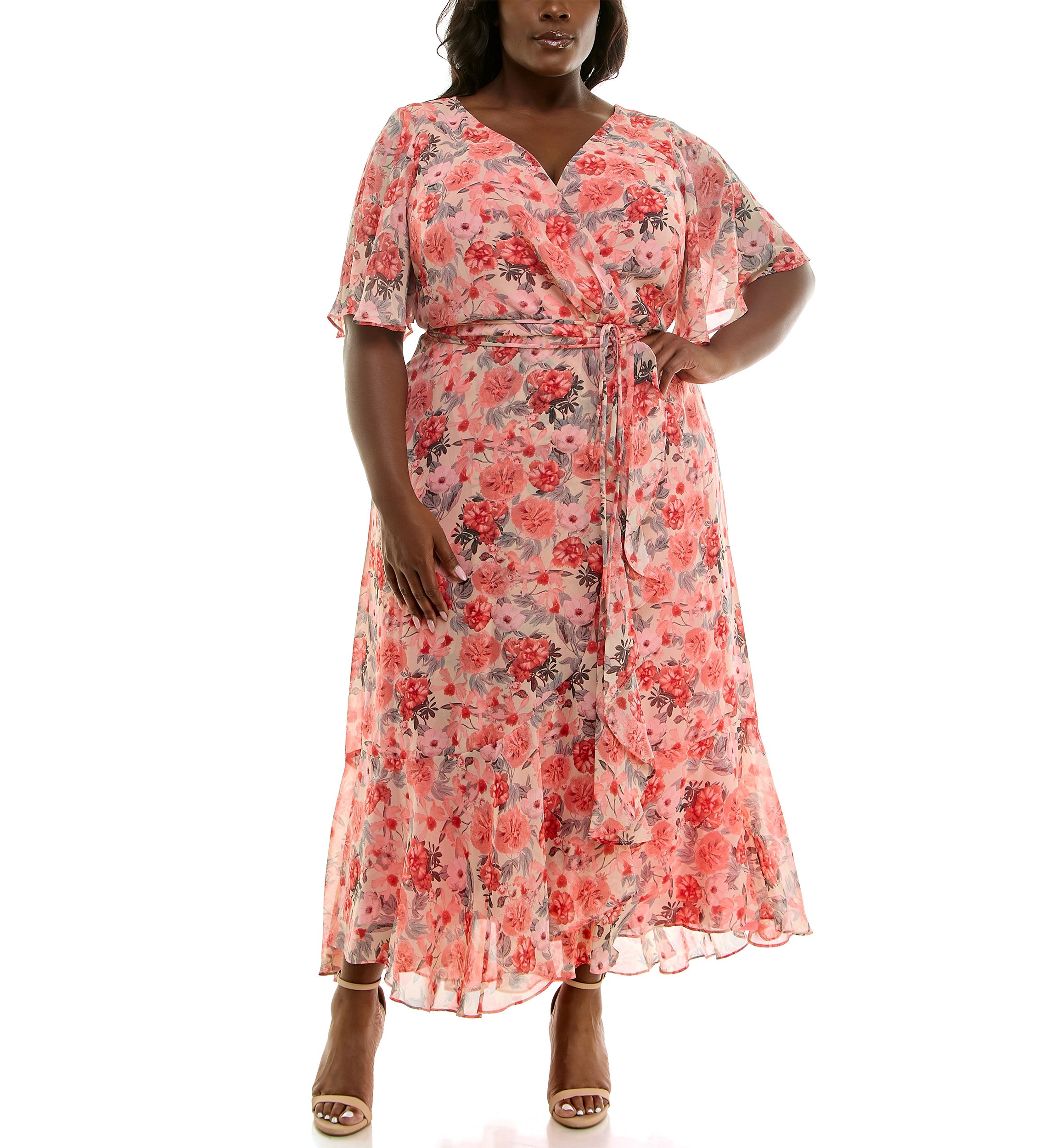 Plus Size Short Sleeve V-Neck Floral Print Chiffon Fit and Flare Maxi Dress
