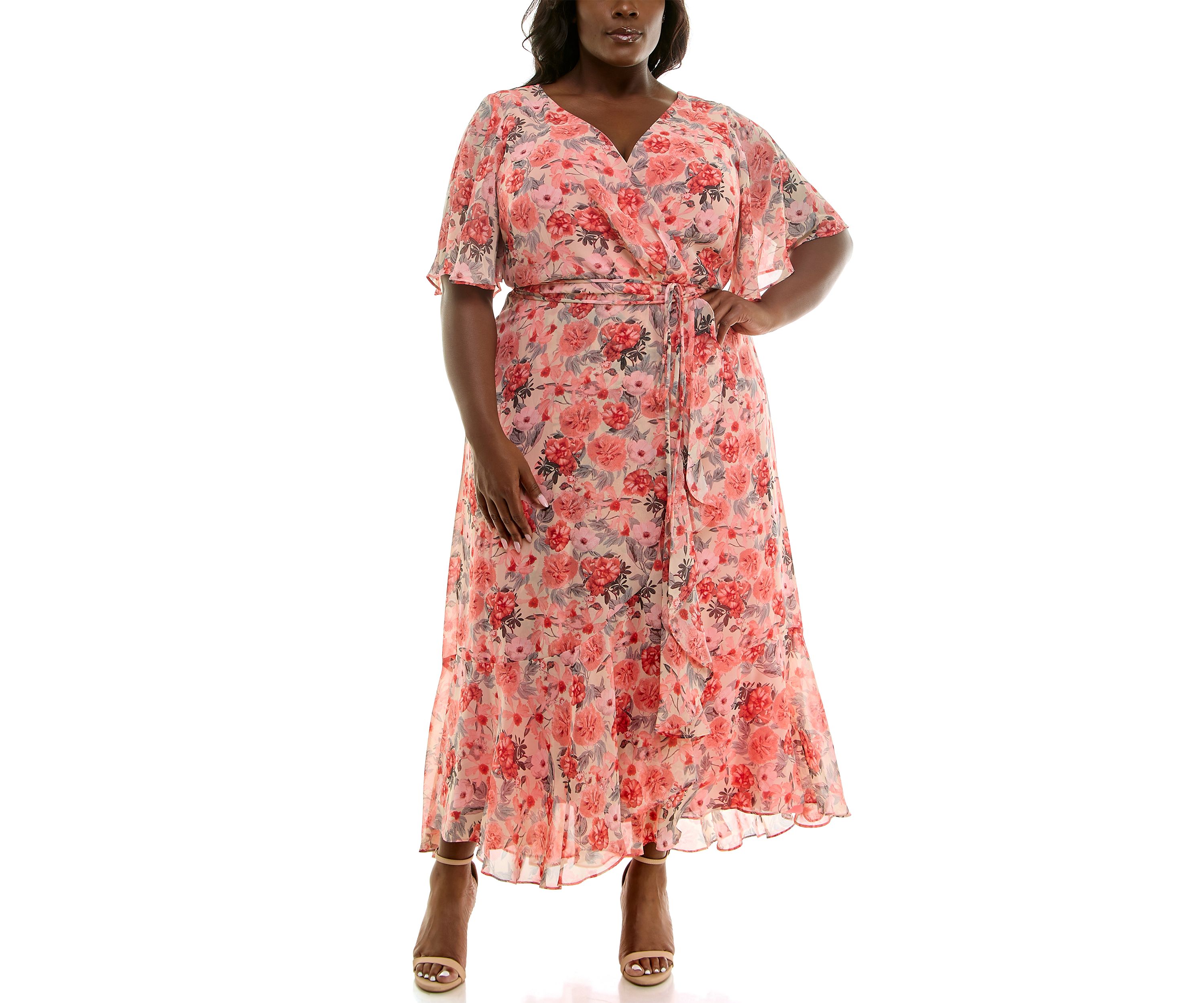 Plus Size Short Sleeve V-Neck Floral Print Chiffon Fit and Flare Maxi Dress