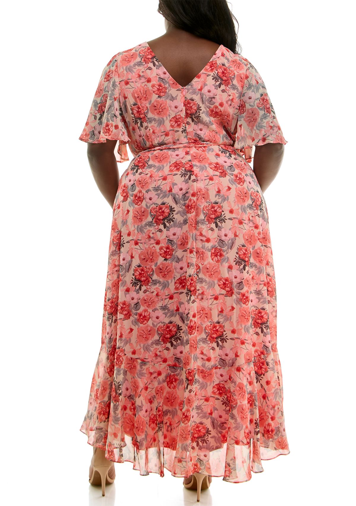 Plus Size Short Sleeve V-Neck Floral Print Chiffon Fit and Flare Maxi Dress