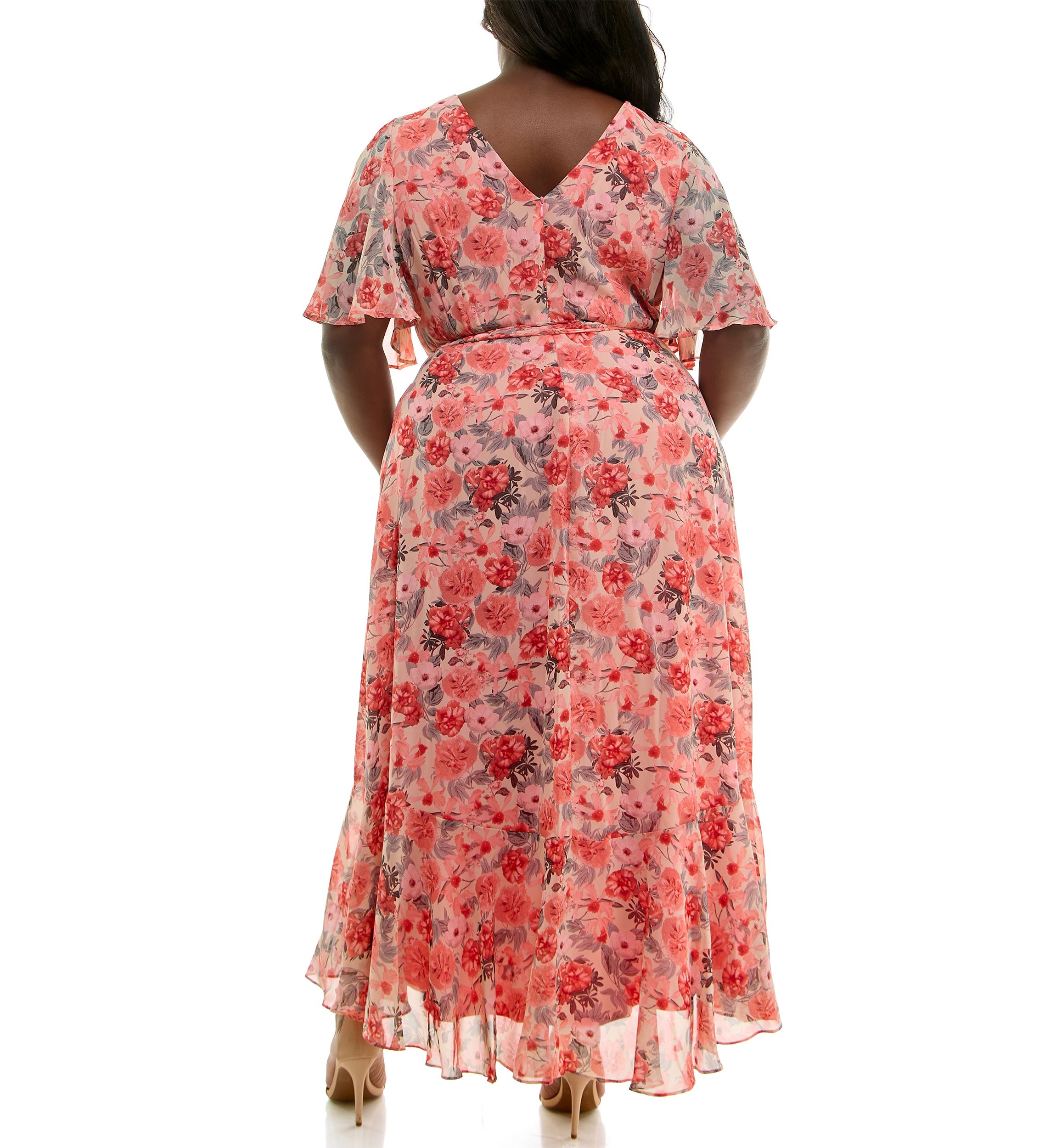Plus Size Short Sleeve V-Neck Floral Print Chiffon Fit and Flare Maxi Dress