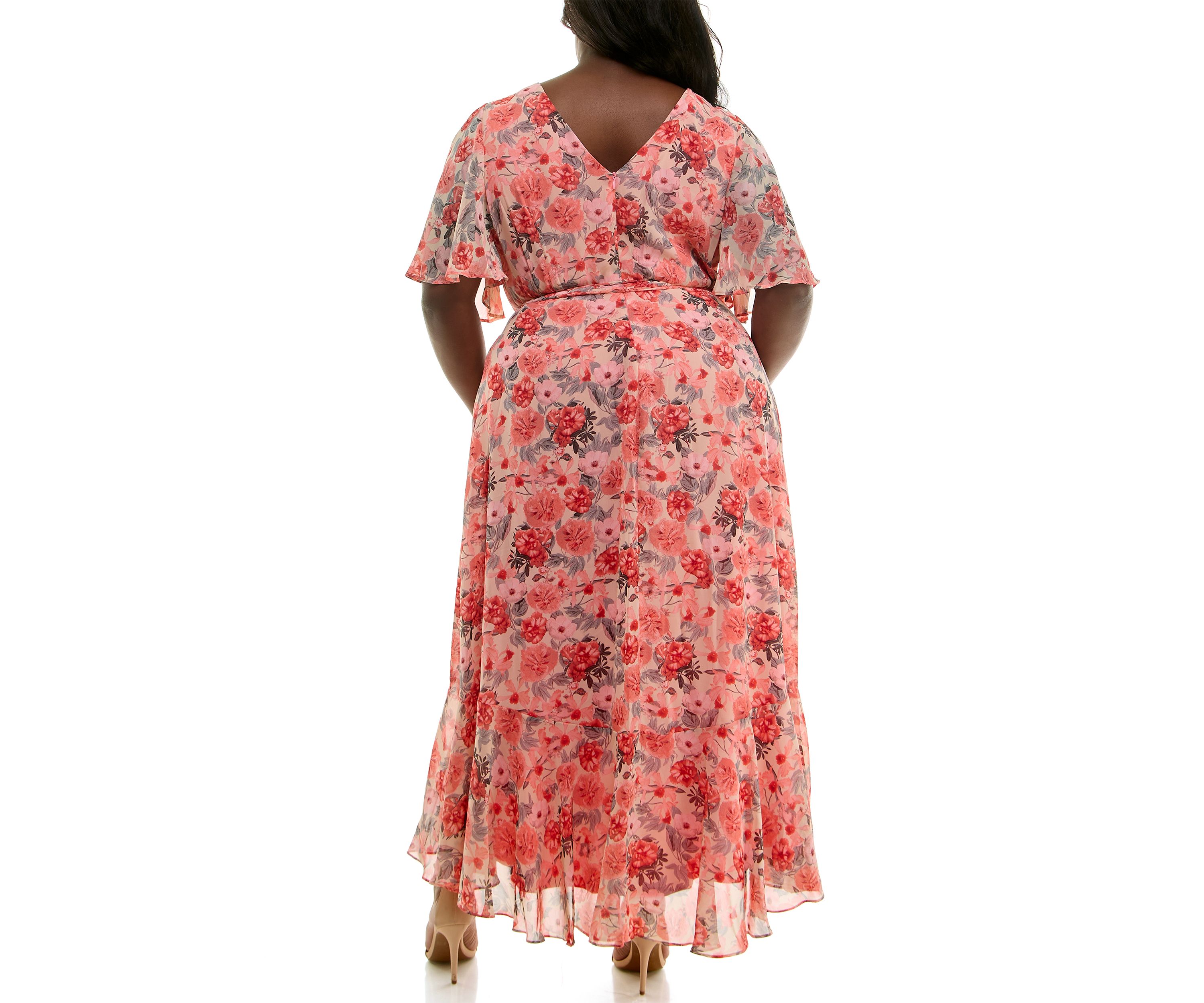 Plus Size Short Sleeve V-Neck Floral Print Chiffon Fit and Flare Maxi Dress