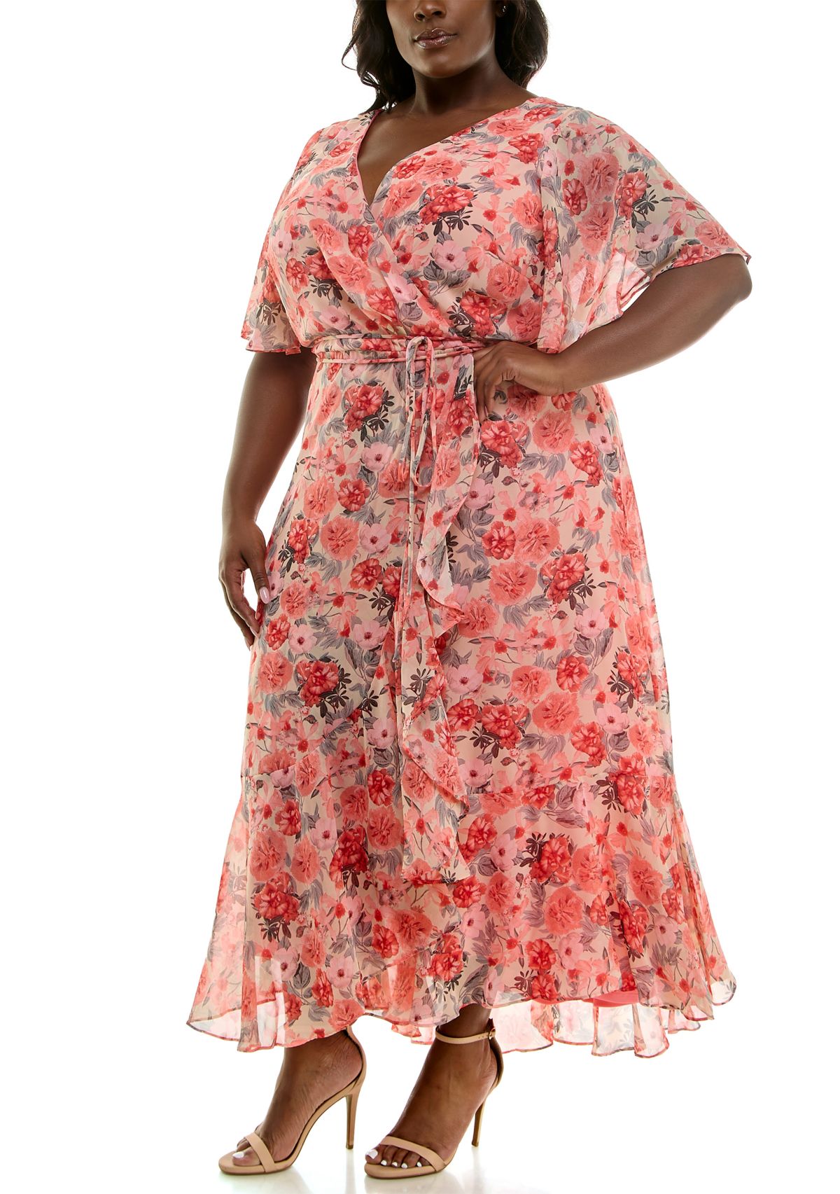 Plus Size Short Sleeve V-Neck Floral Print Chiffon Fit and Flare Maxi Dress