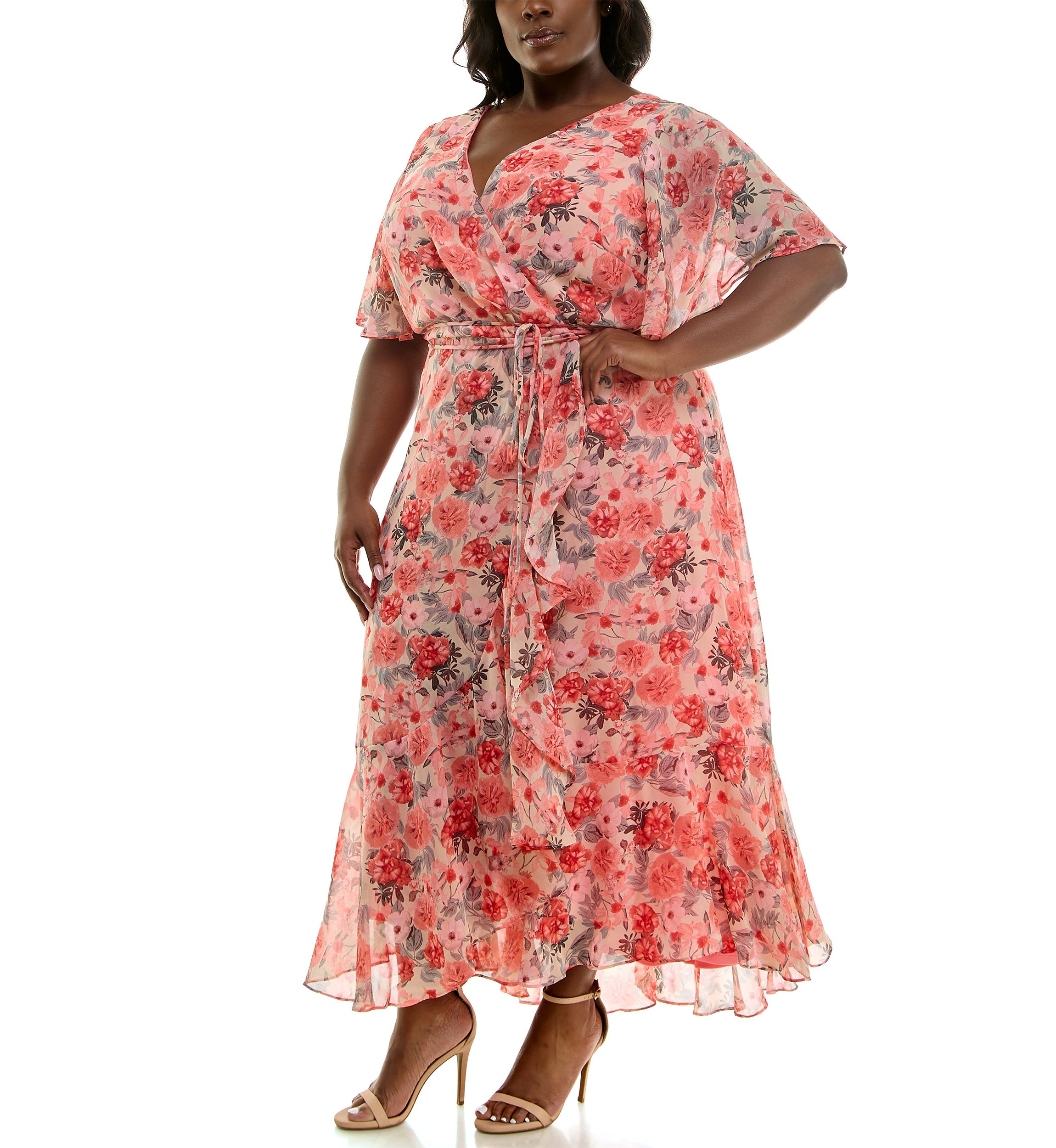 Plus Size Short Sleeve V-Neck Floral Print Chiffon Fit and Flare Maxi Dress