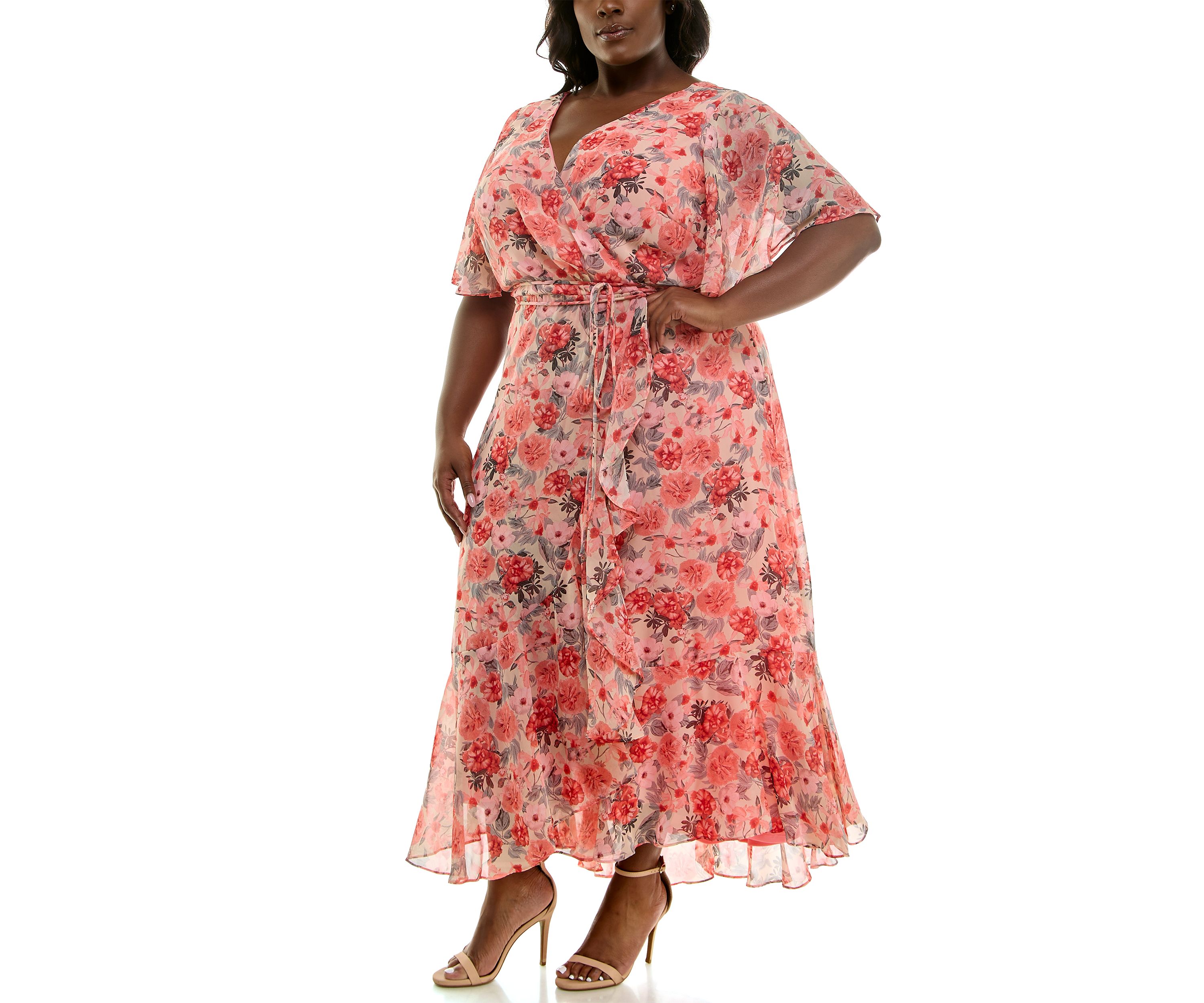 Plus Size Short Sleeve V-Neck Floral Print Chiffon Fit and Flare Maxi Dress
