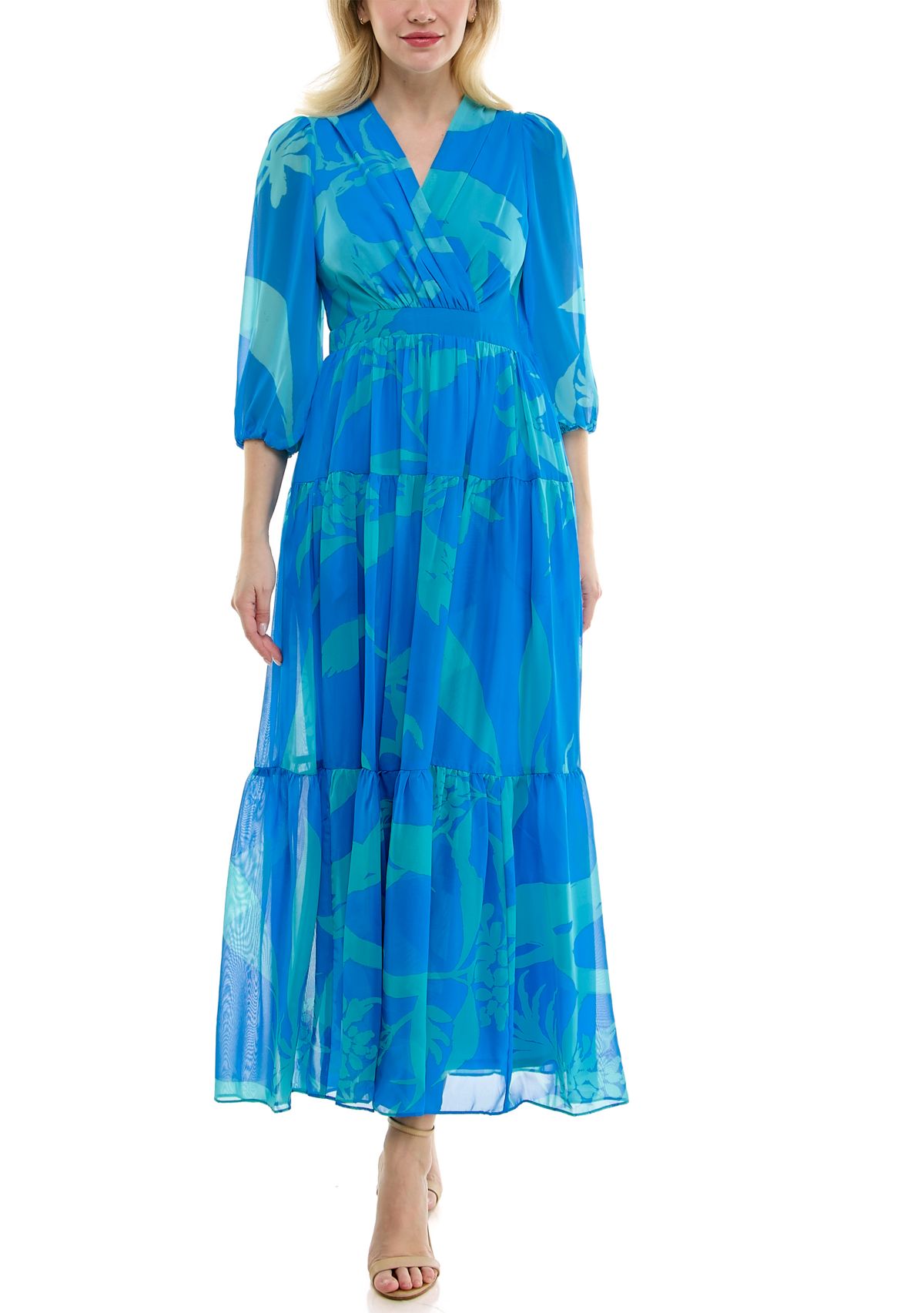 Womens 3/4 Sleeve V-Neck Floral Maxi Dress