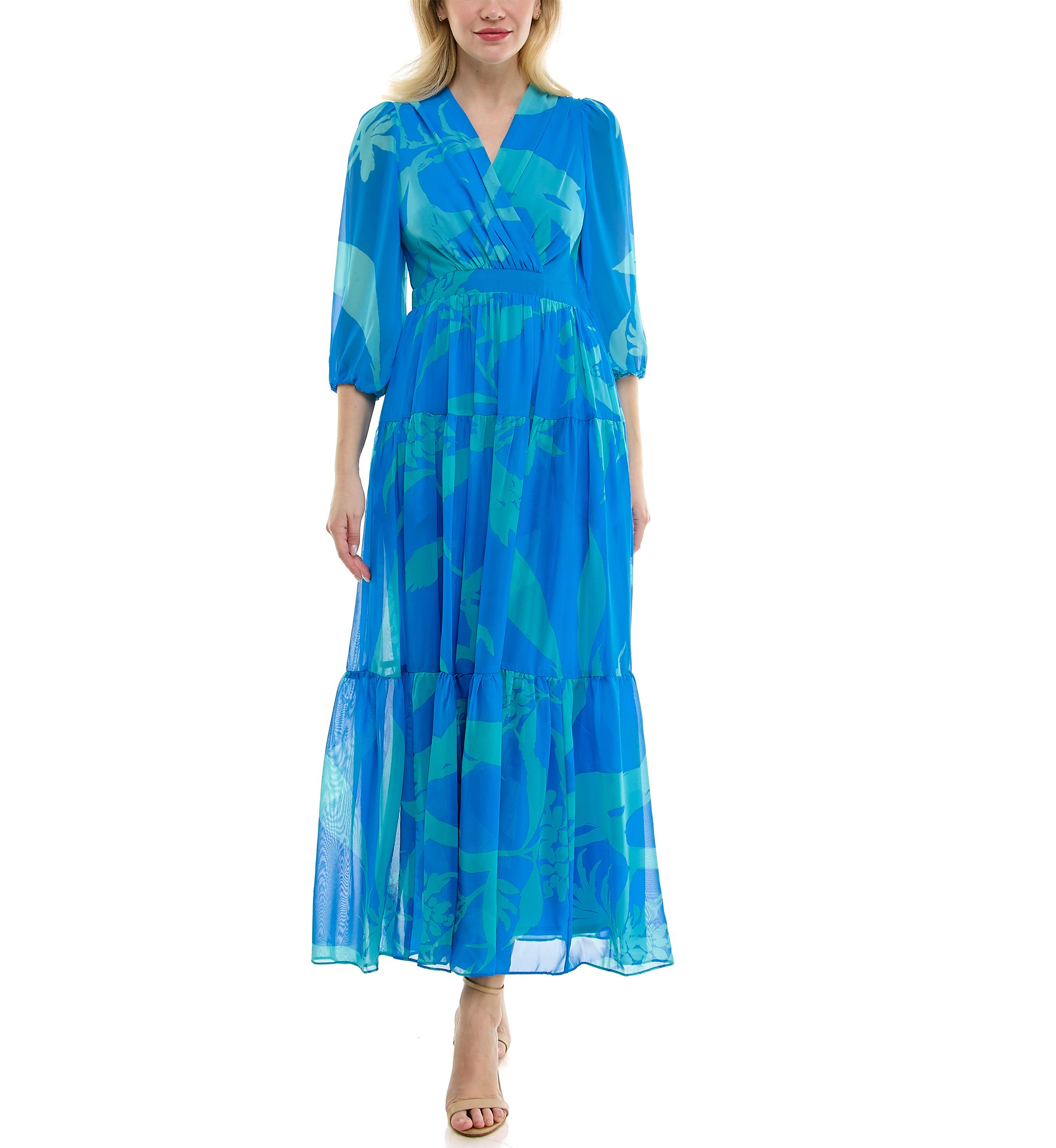 Womens 3/4 Sleeve V-Neck Floral Maxi Dress