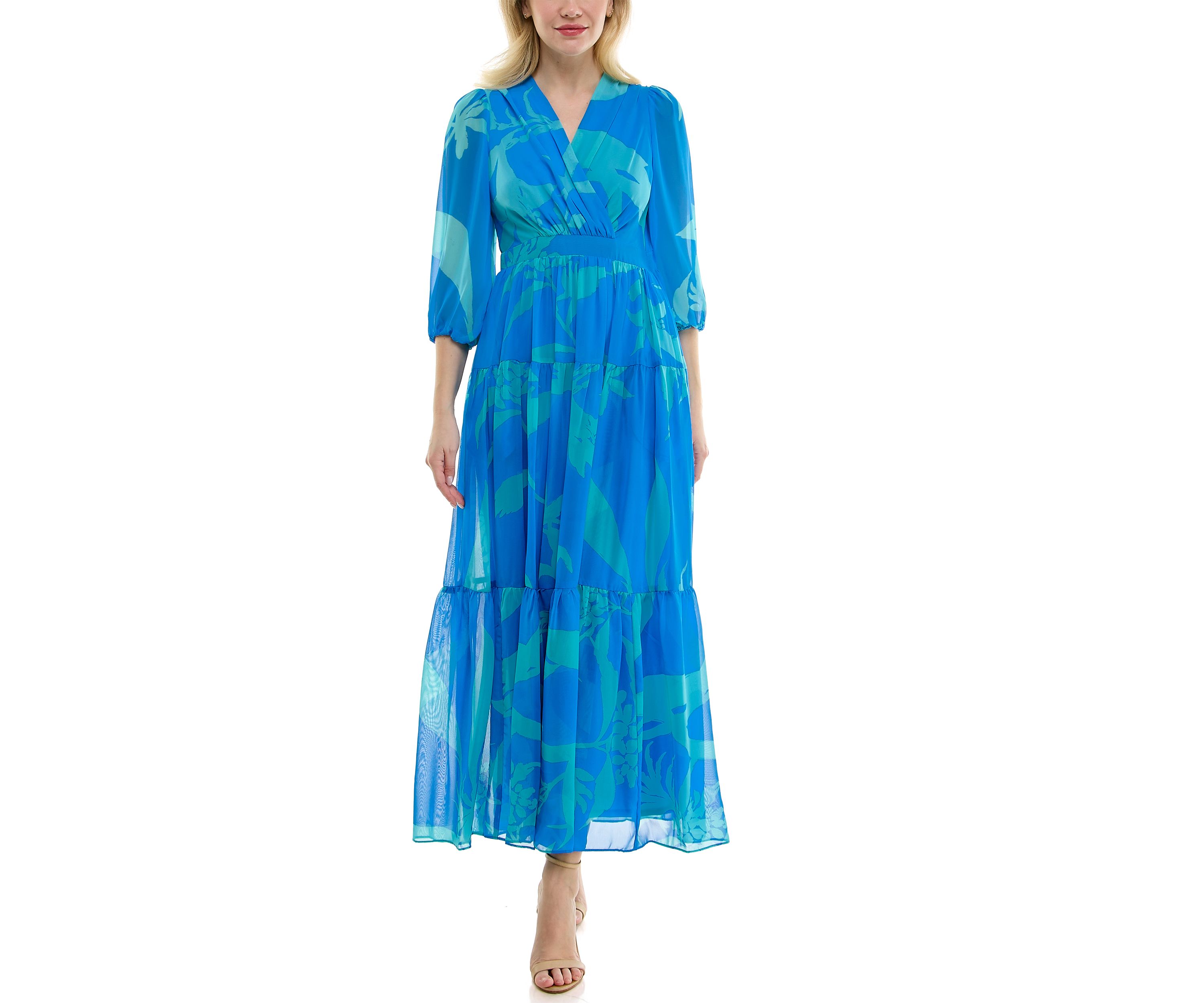 Womens 3/4 Sleeve V-Neck Floral Maxi Dress