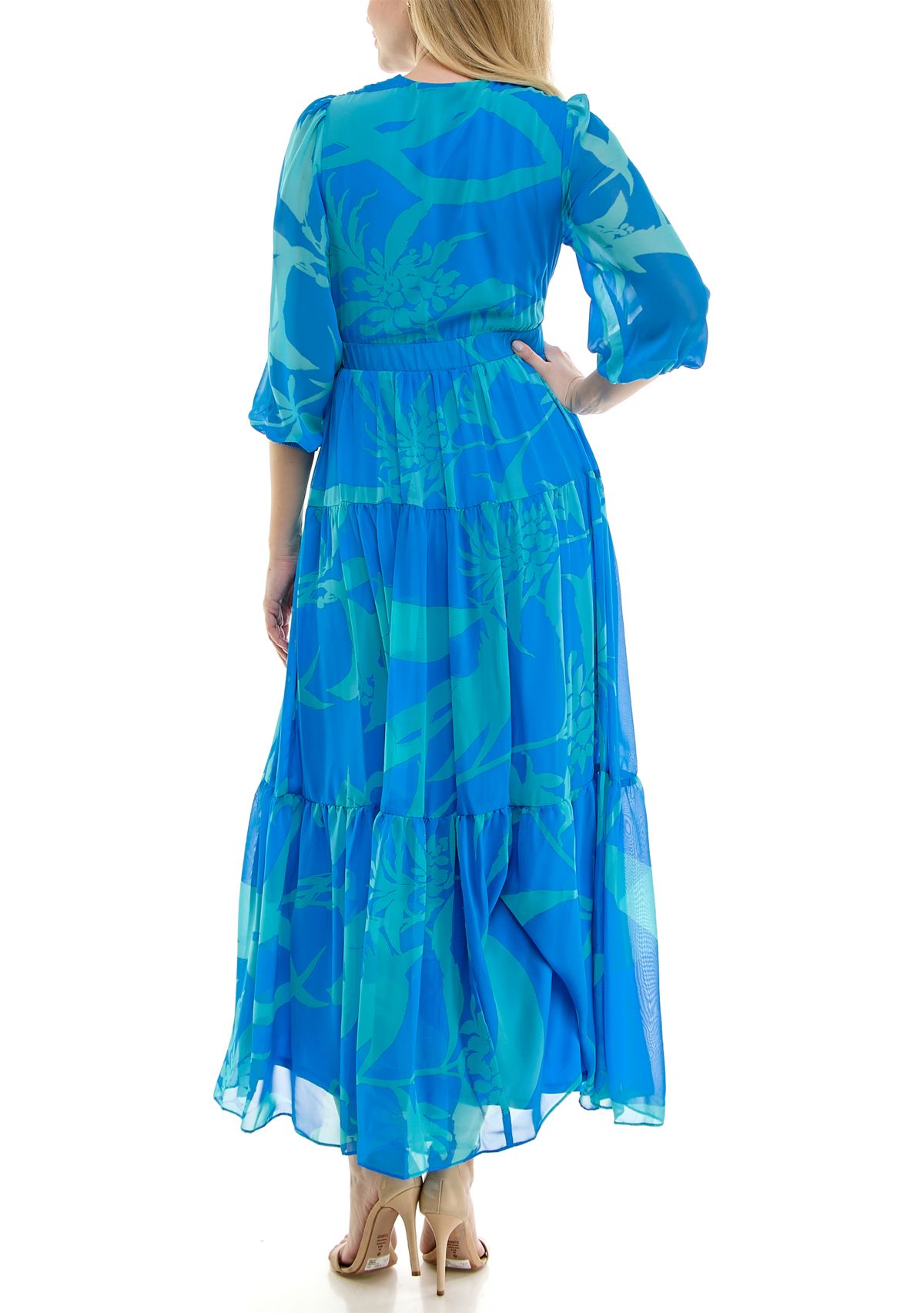 Womens 3/4 Sleeve V-Neck Floral Maxi Dress