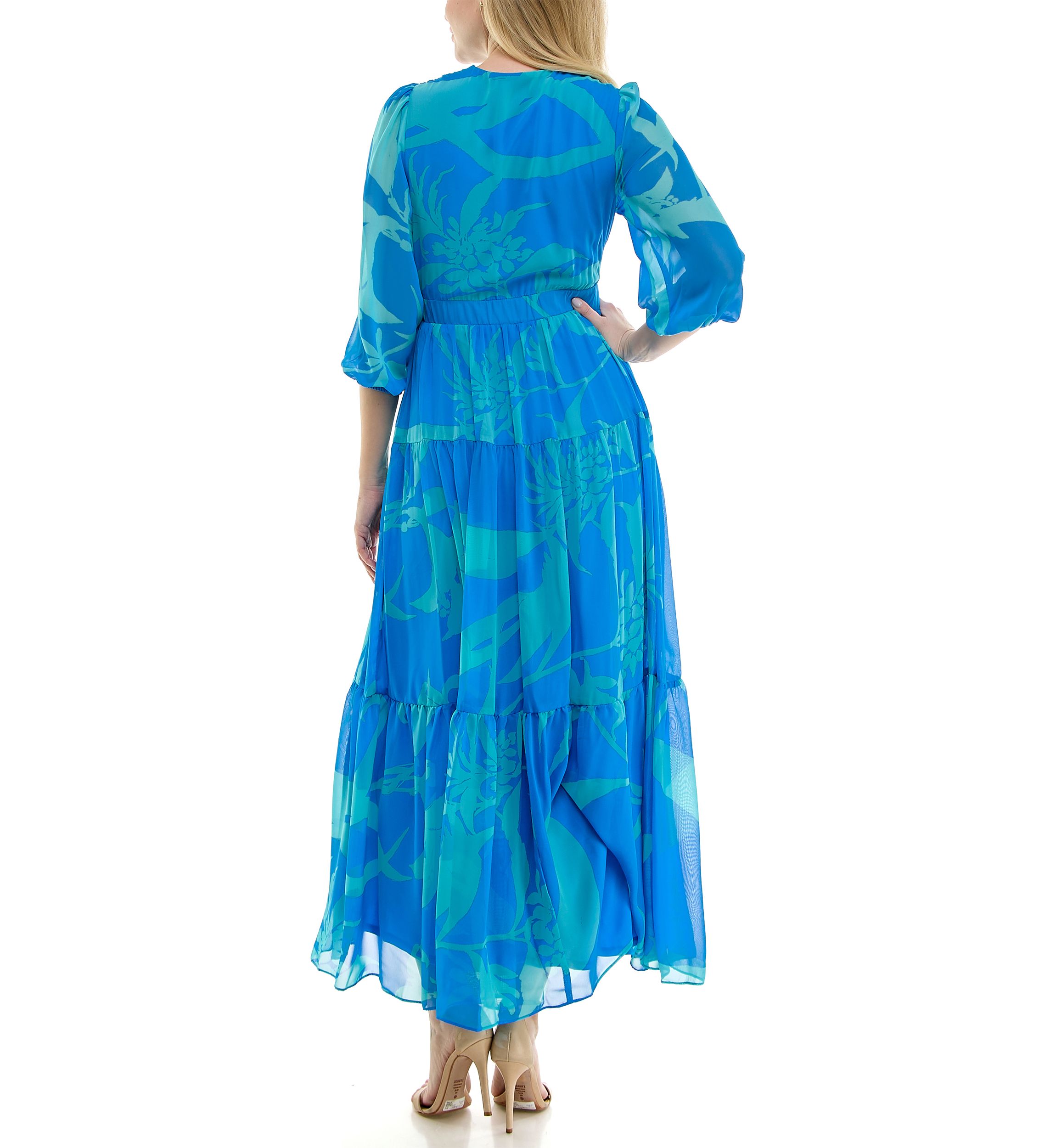 Womens 3/4 Sleeve V-Neck Floral Maxi Dress