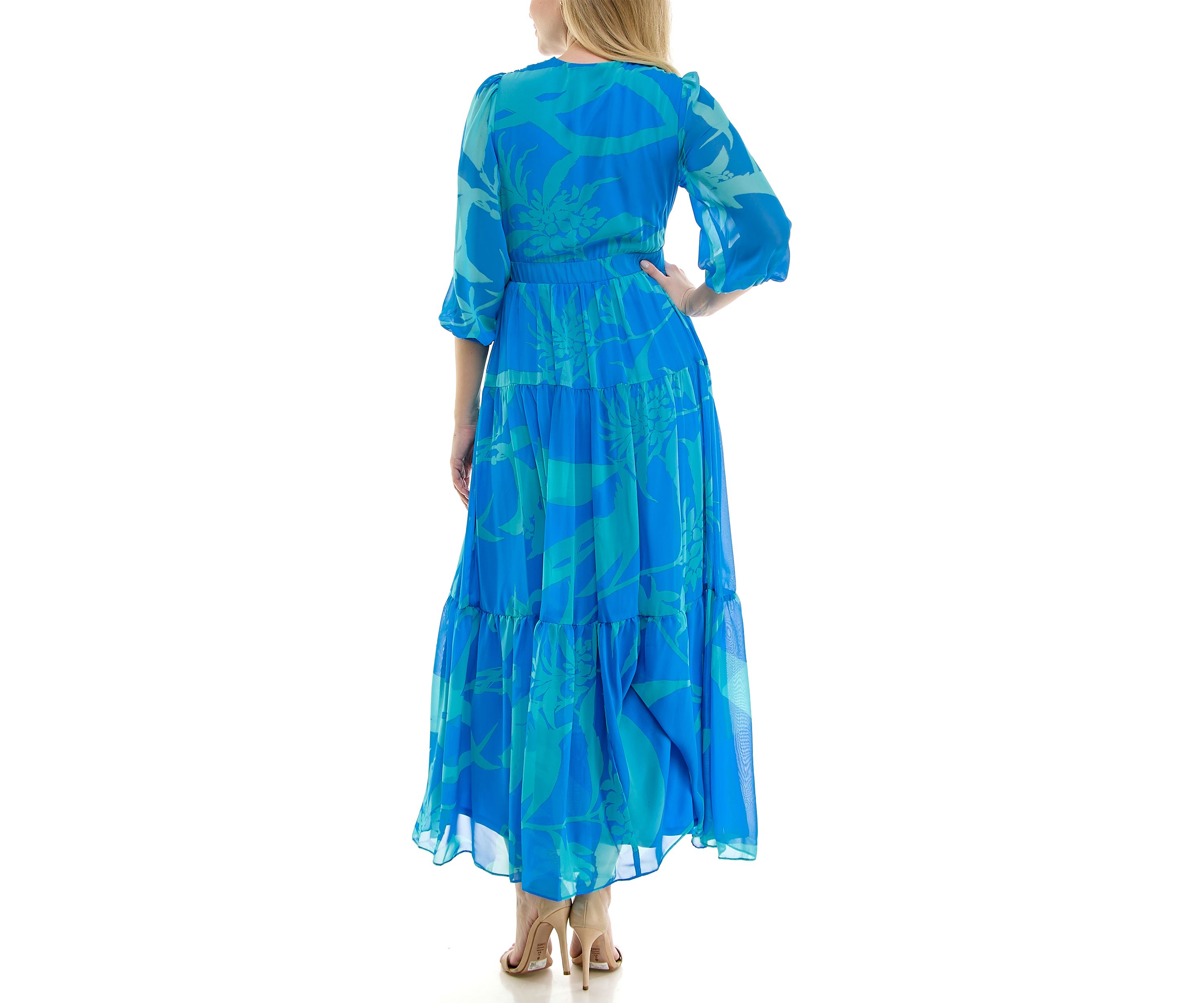 Womens 3/4 Sleeve V-Neck Floral Maxi Dress