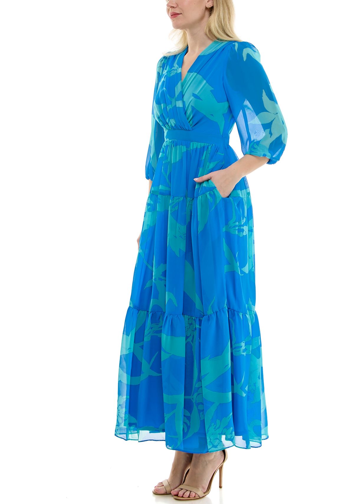 Womens 3/4 Sleeve V-Neck Floral Maxi Dress