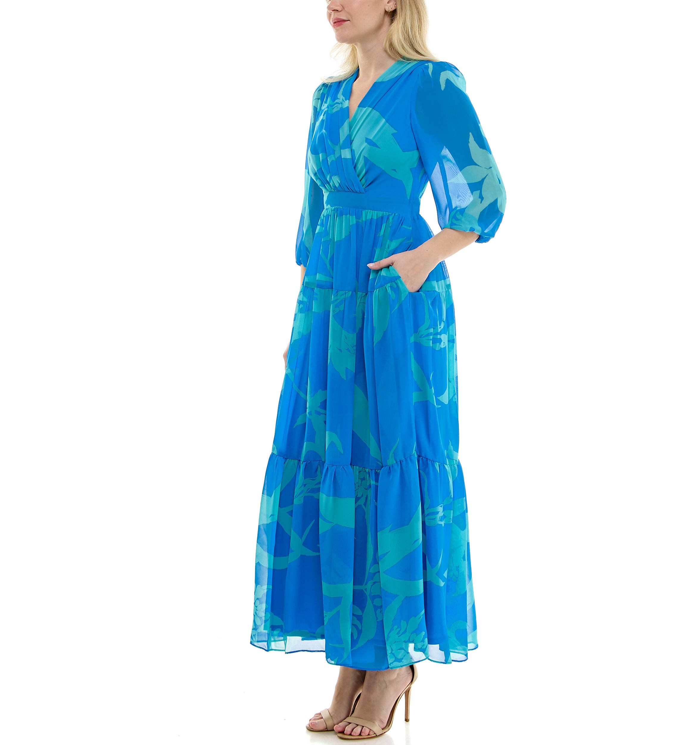 Womens 3/4 Sleeve V-Neck Floral Maxi Dress