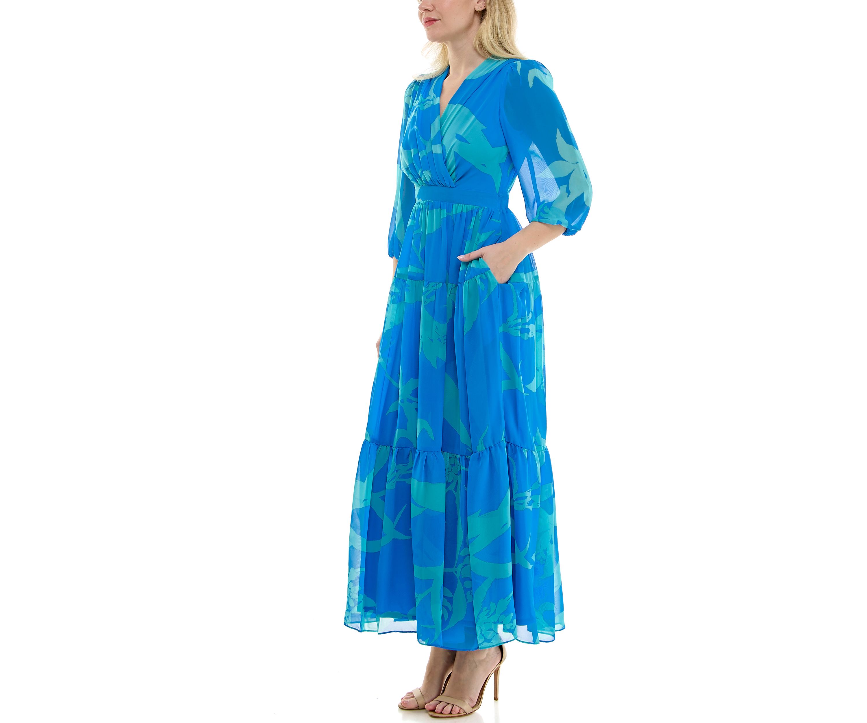 Womens 3/4 Sleeve V-Neck Floral Maxi Dress