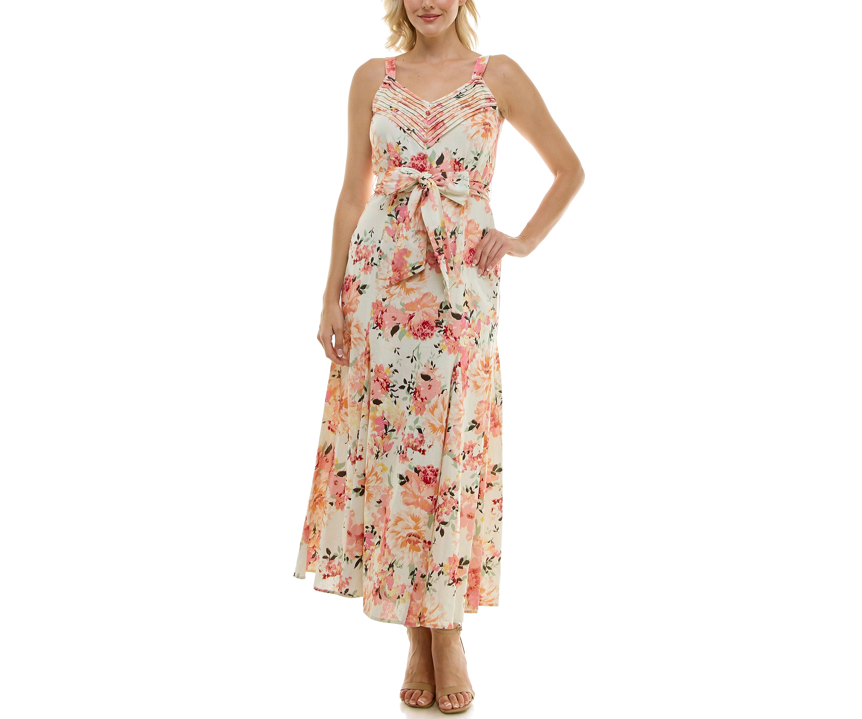 Womens Pleated V Neck Fit & Flare Dress