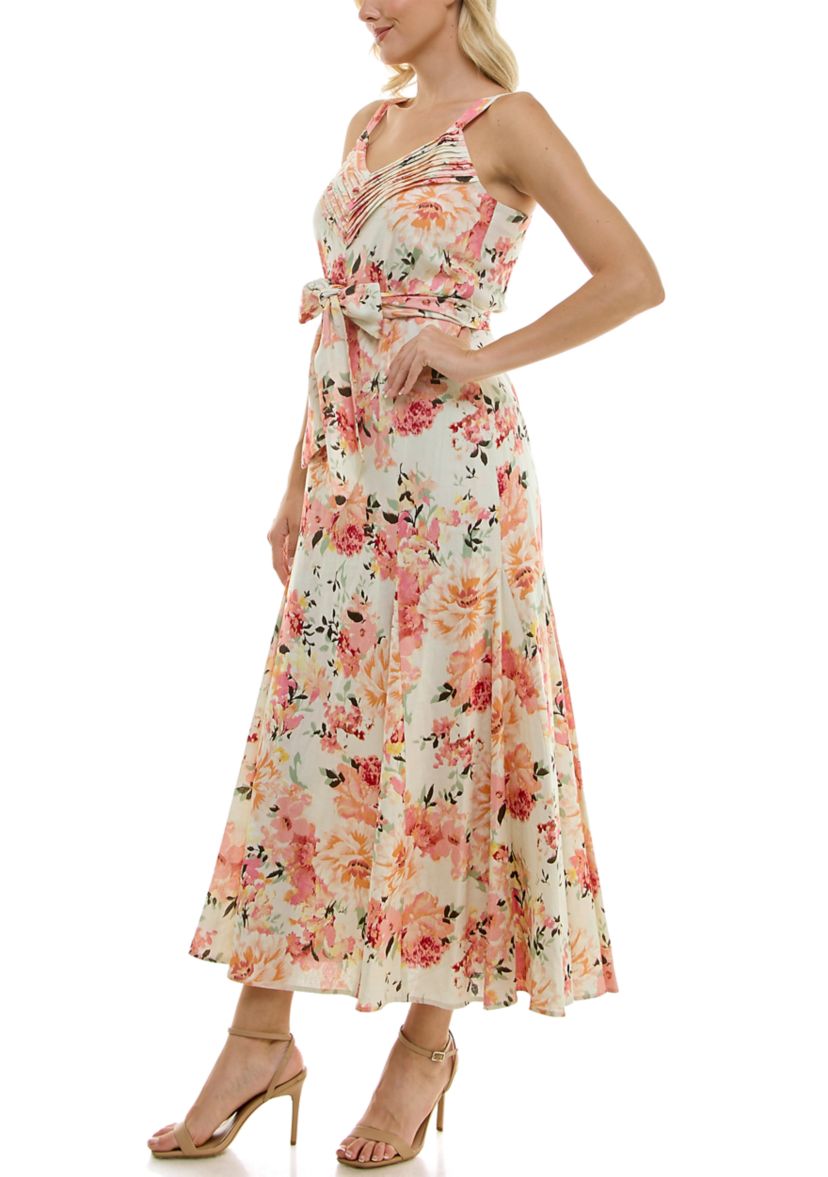 Womens Pleated V Neck Fit & Flare Dress