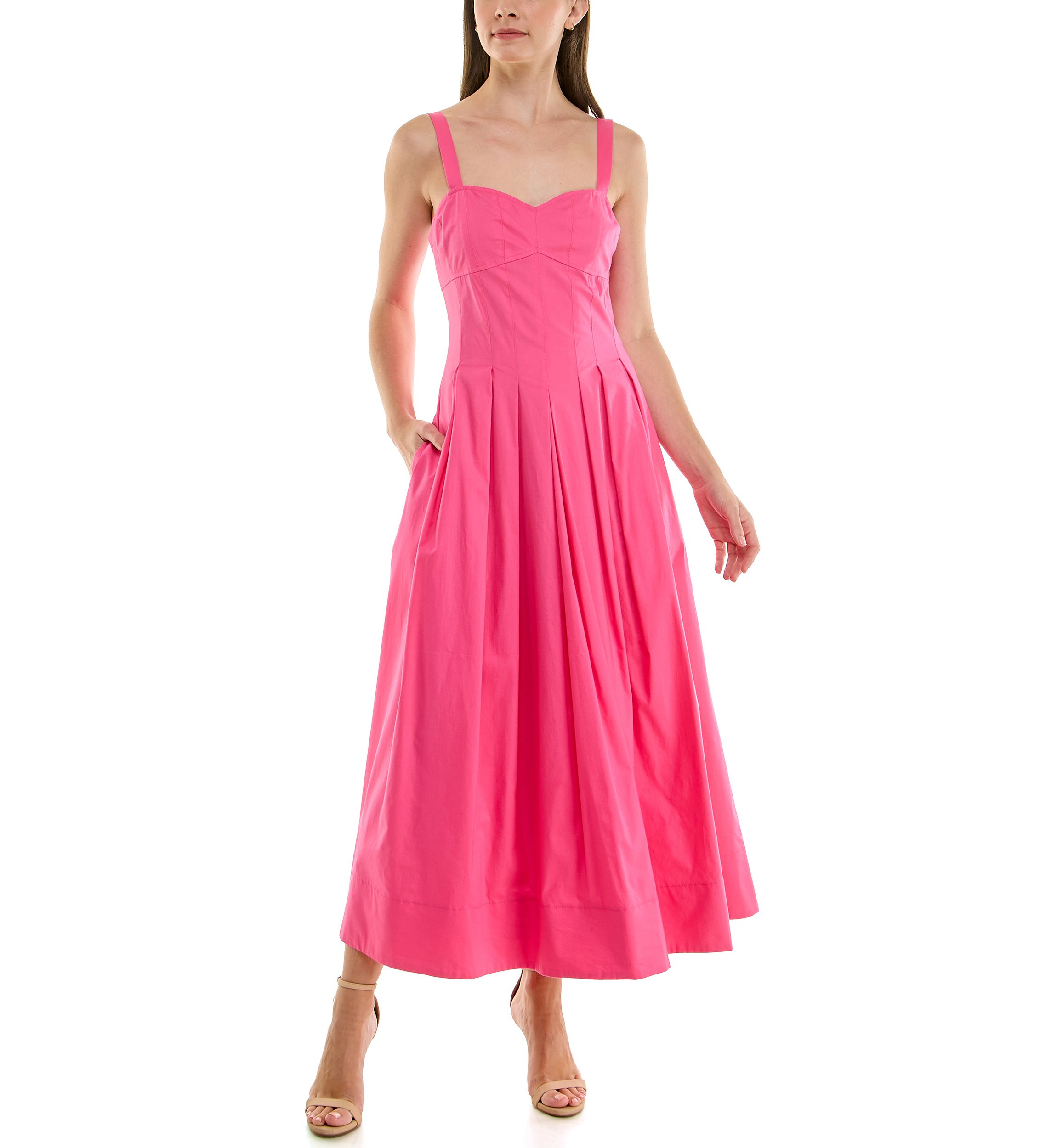 Womens Sleeveless Sweetheart Midi A-Line Dress
