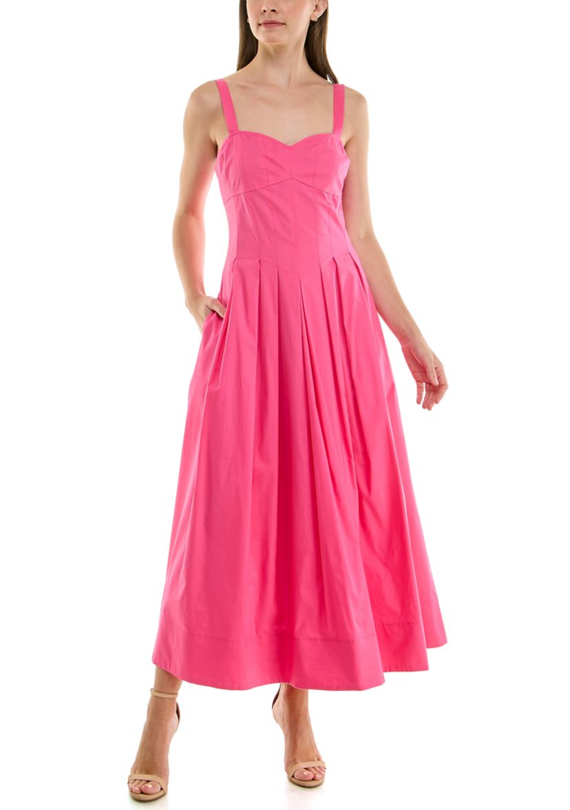 Womens Sleeveless Sweetheart Midi A-Line Dress