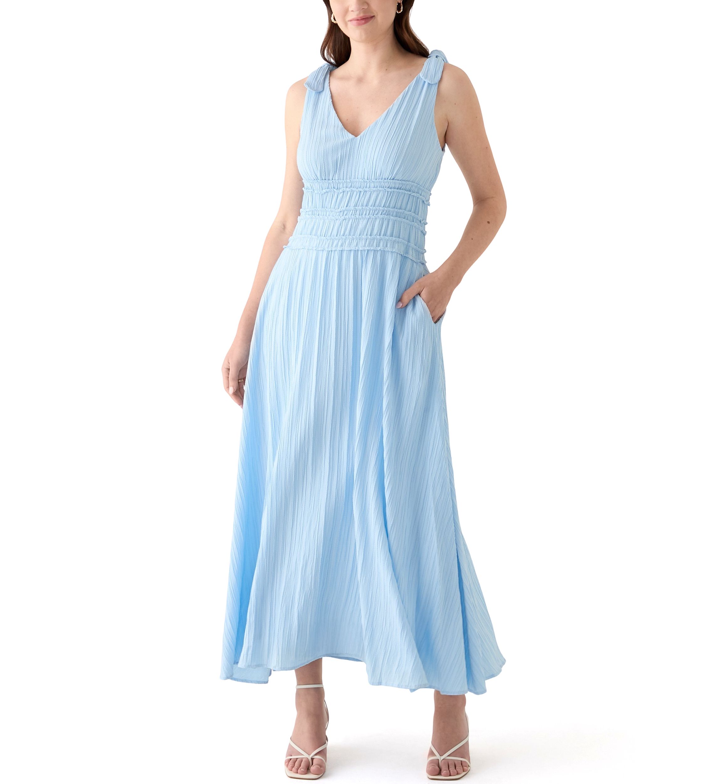 Womens Cinched Waist V Neck Dress
