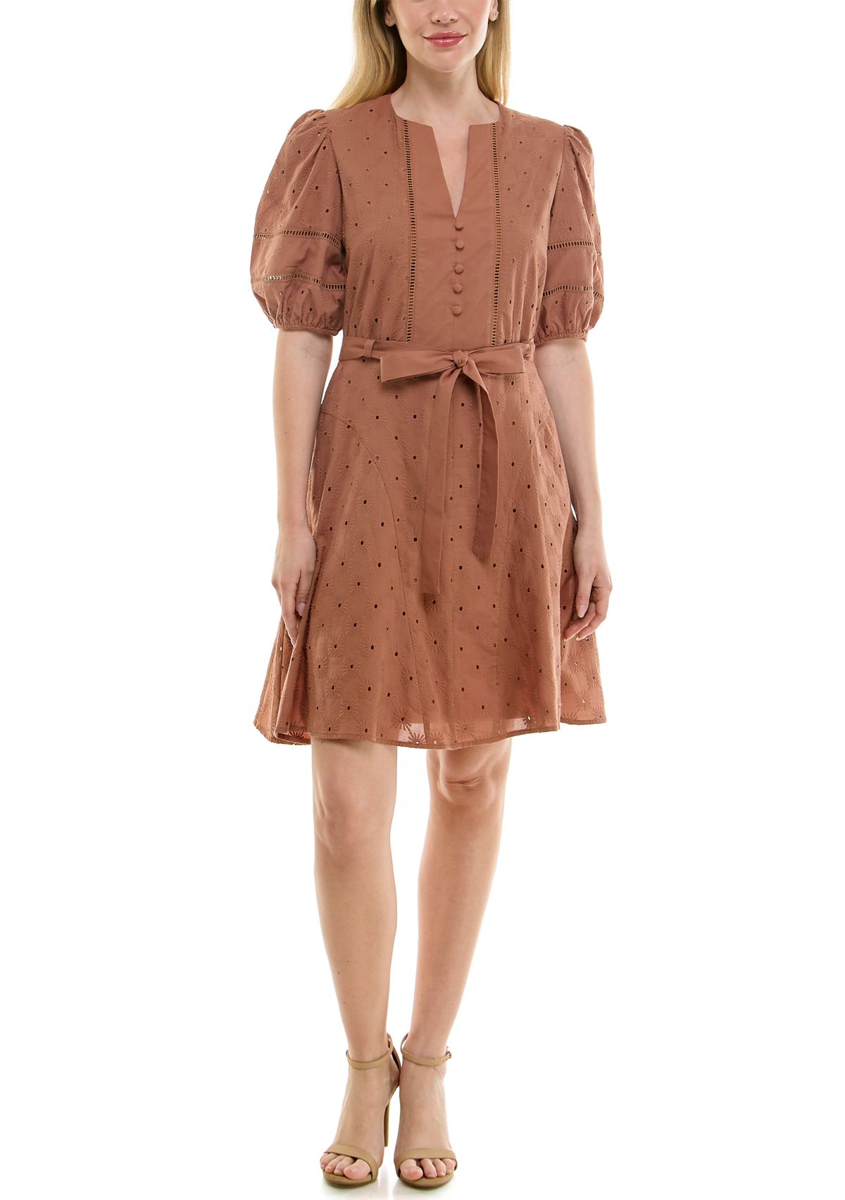 Womens Puff Sleeve Eyelet Mini Dress