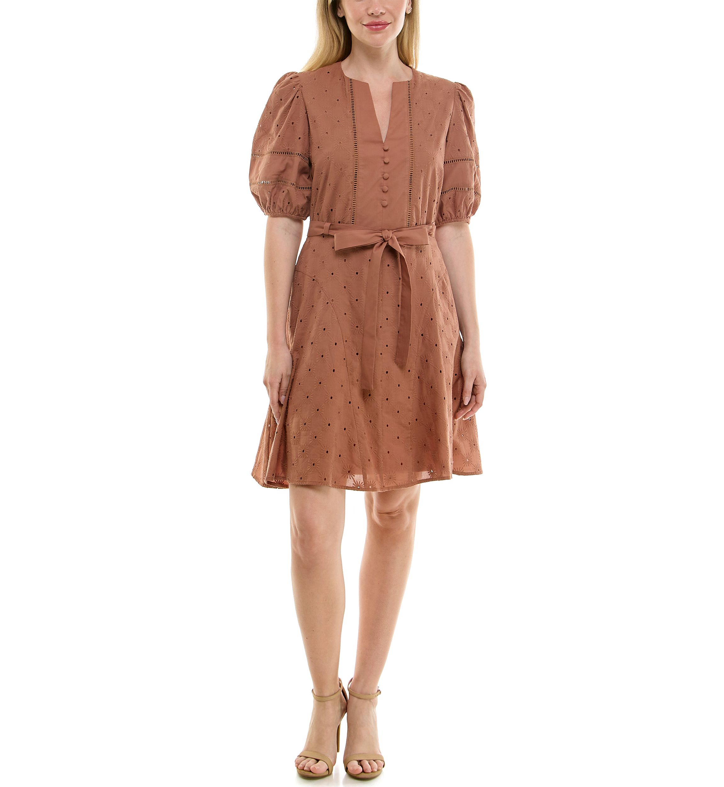 Womens Puff Sleeve Eyelet Mini Dress