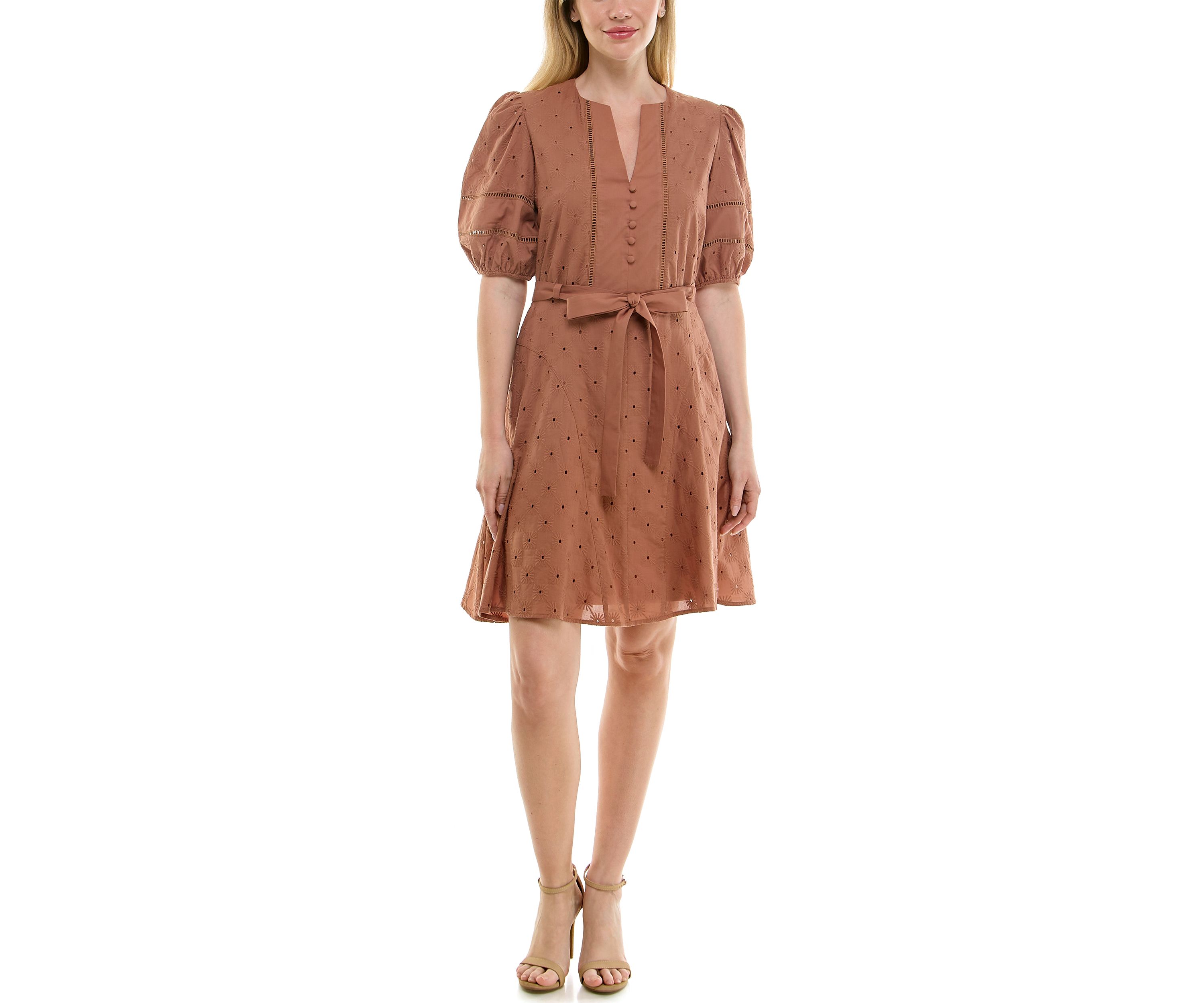 Womens Puff Sleeve Eyelet Mini Dress
