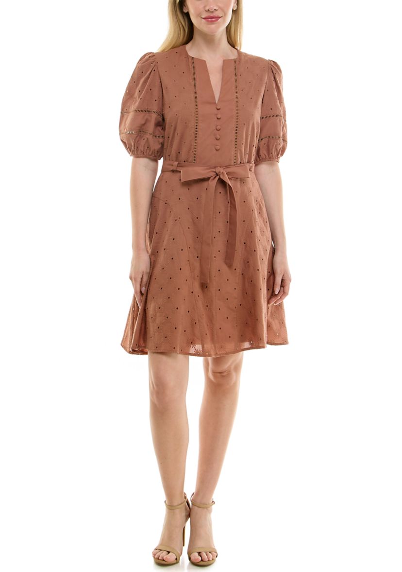 Womens Puff Sleeve Eyelet Mini Dress