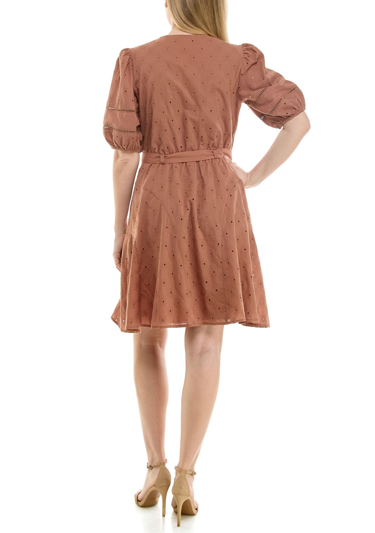 Womens Puff Sleeve Eyelet Mini Dress