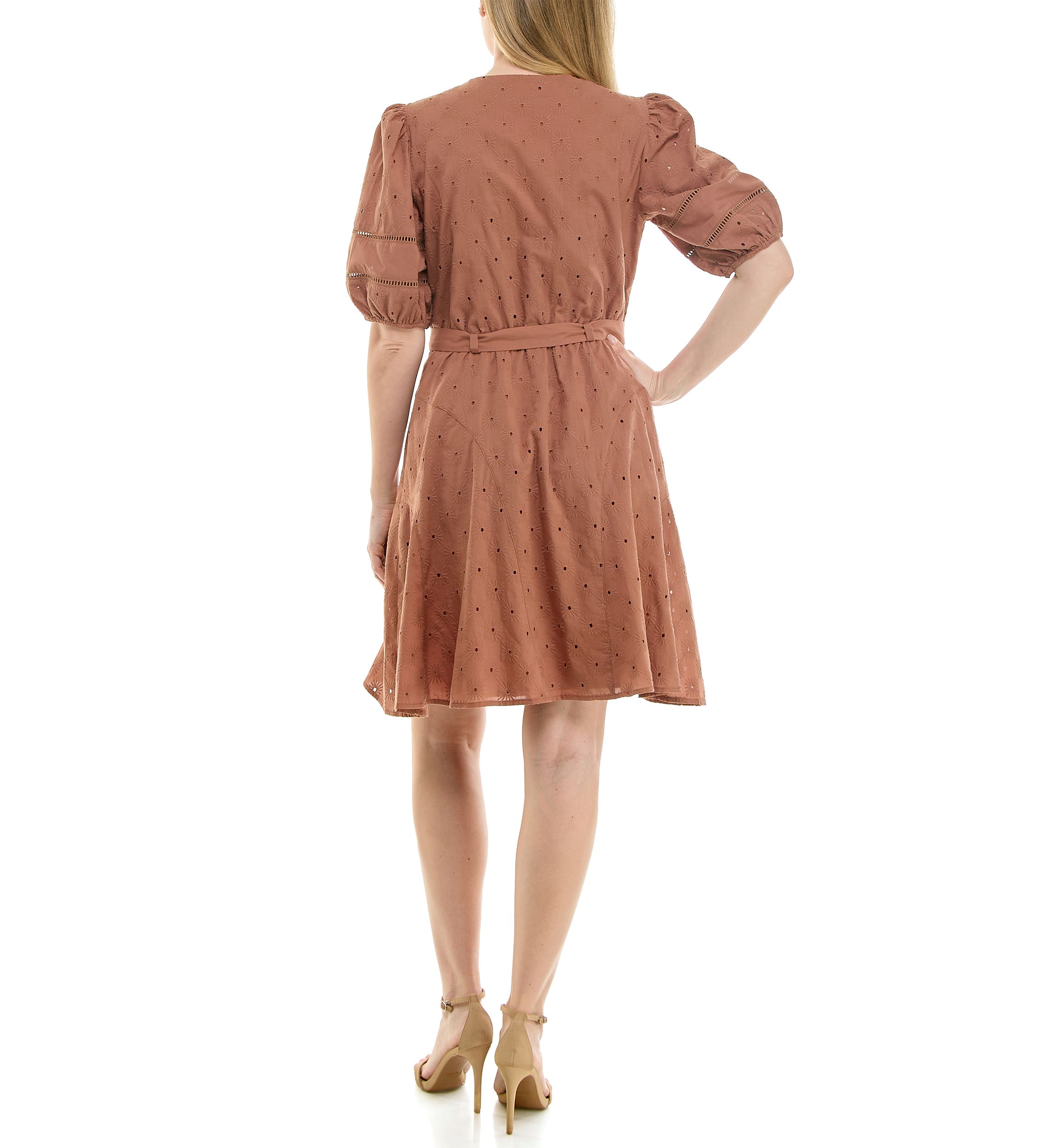 Womens Puff Sleeve Eyelet Mini Dress