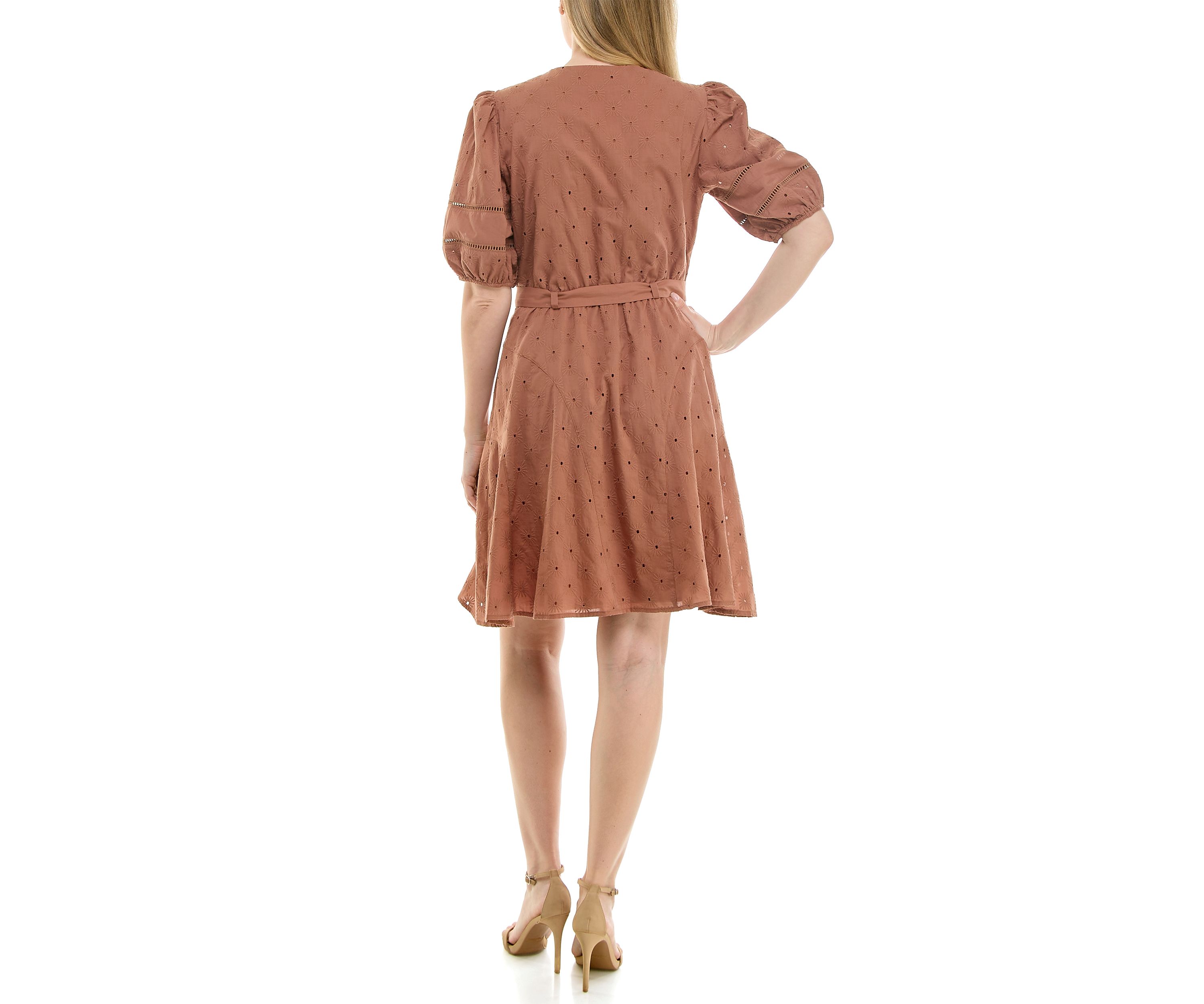 Womens Puff Sleeve Eyelet Mini Dress
