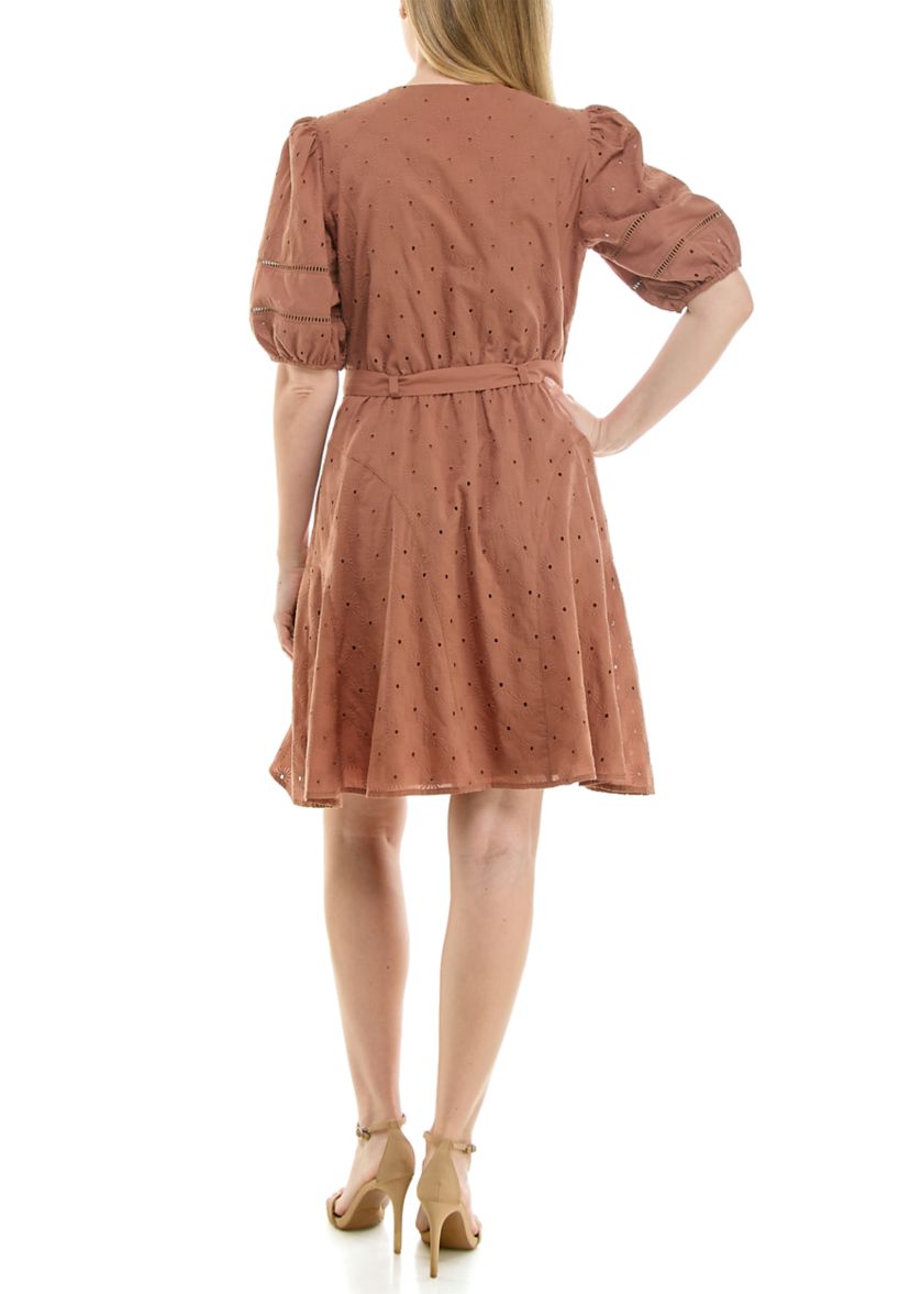 Womens Puff Sleeve Eyelet Mini Dress