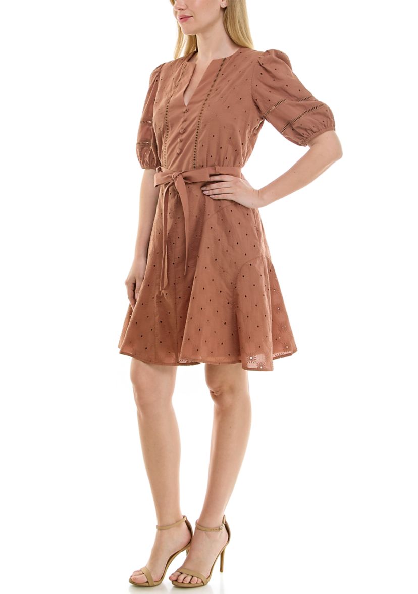 Womens Puff Sleeve Eyelet Mini Dress