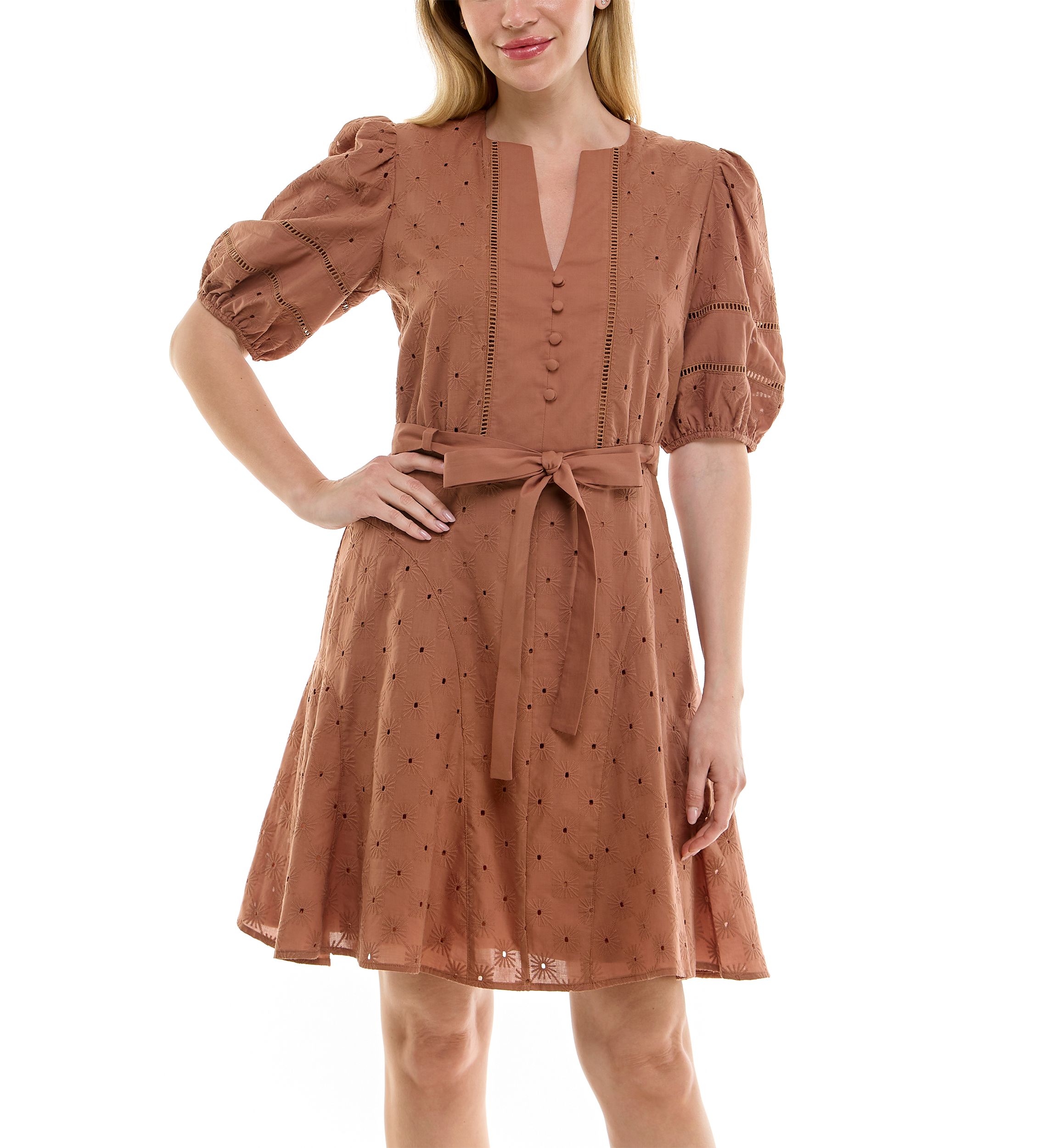 Womens Puff Sleeve Eyelet Mini Dress