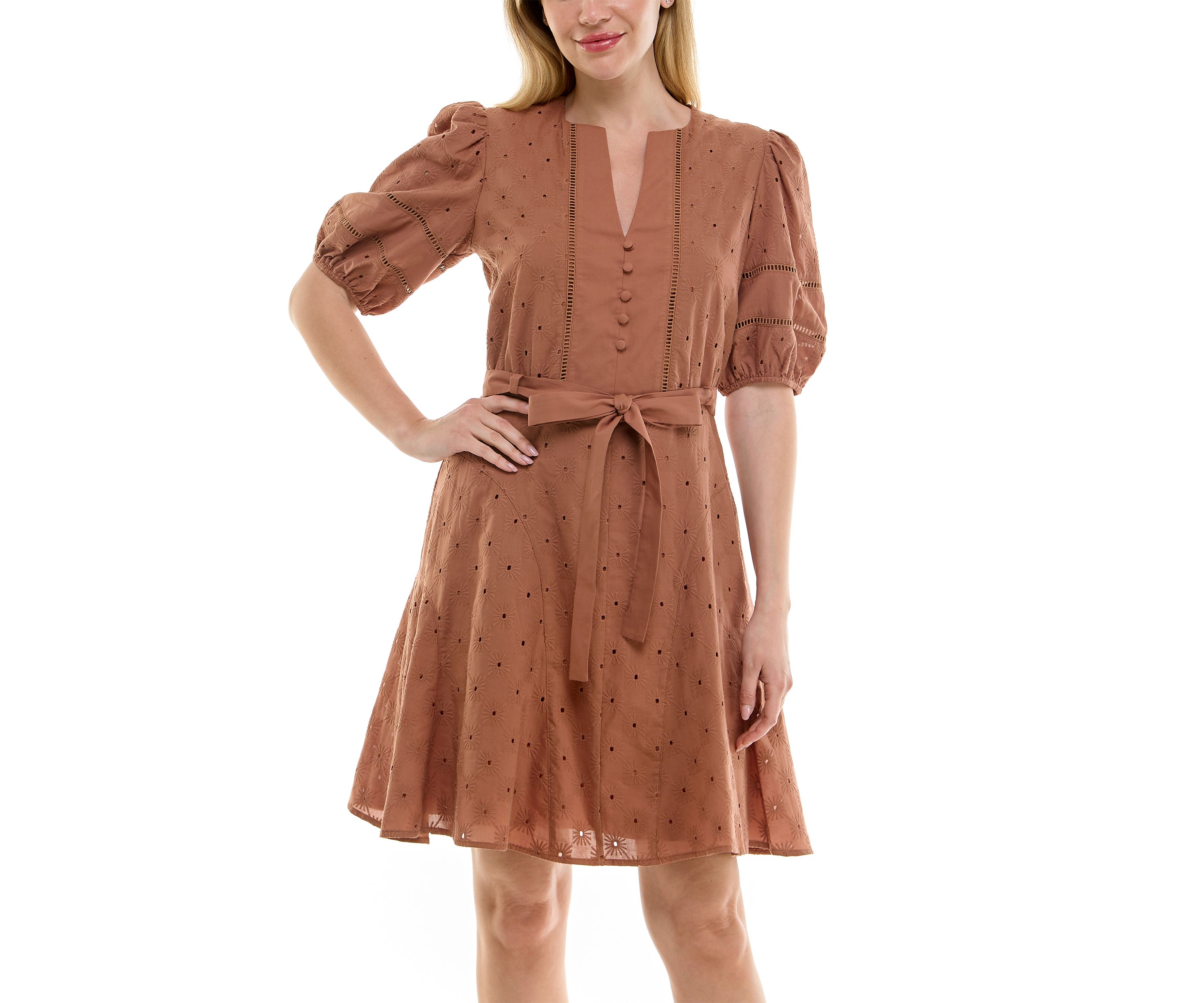 Womens Puff Sleeve Eyelet Mini Dress