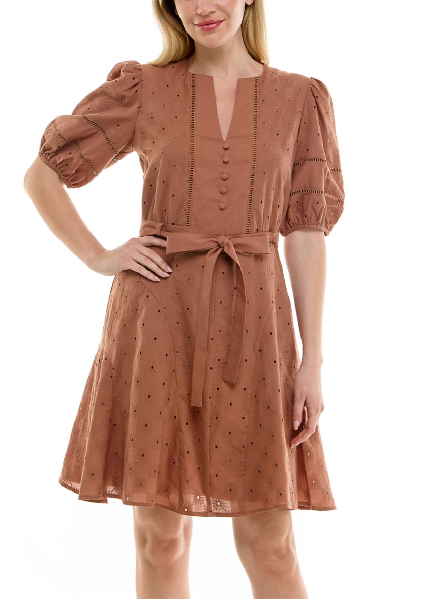 Womens Puff Sleeve Eyelet Mini Dress