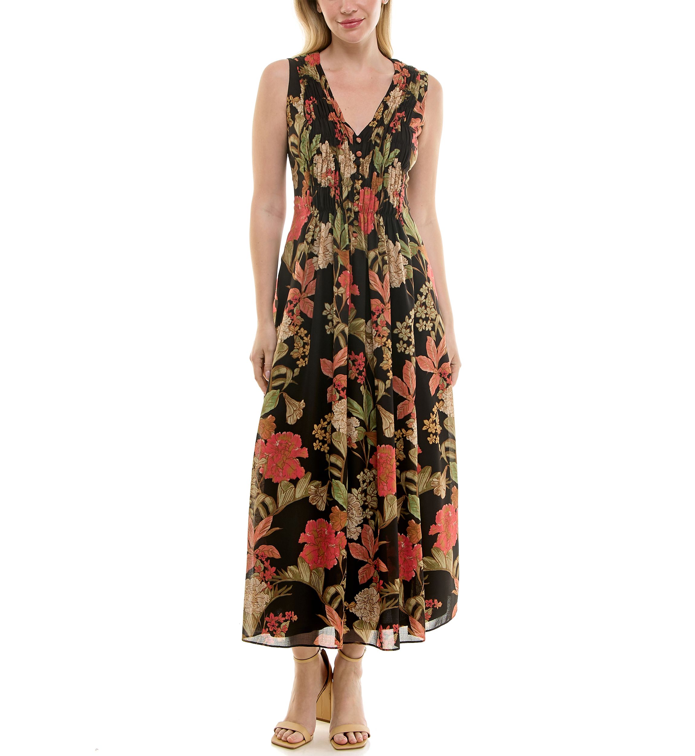 Womens Printed V-Neck Smocked Dress