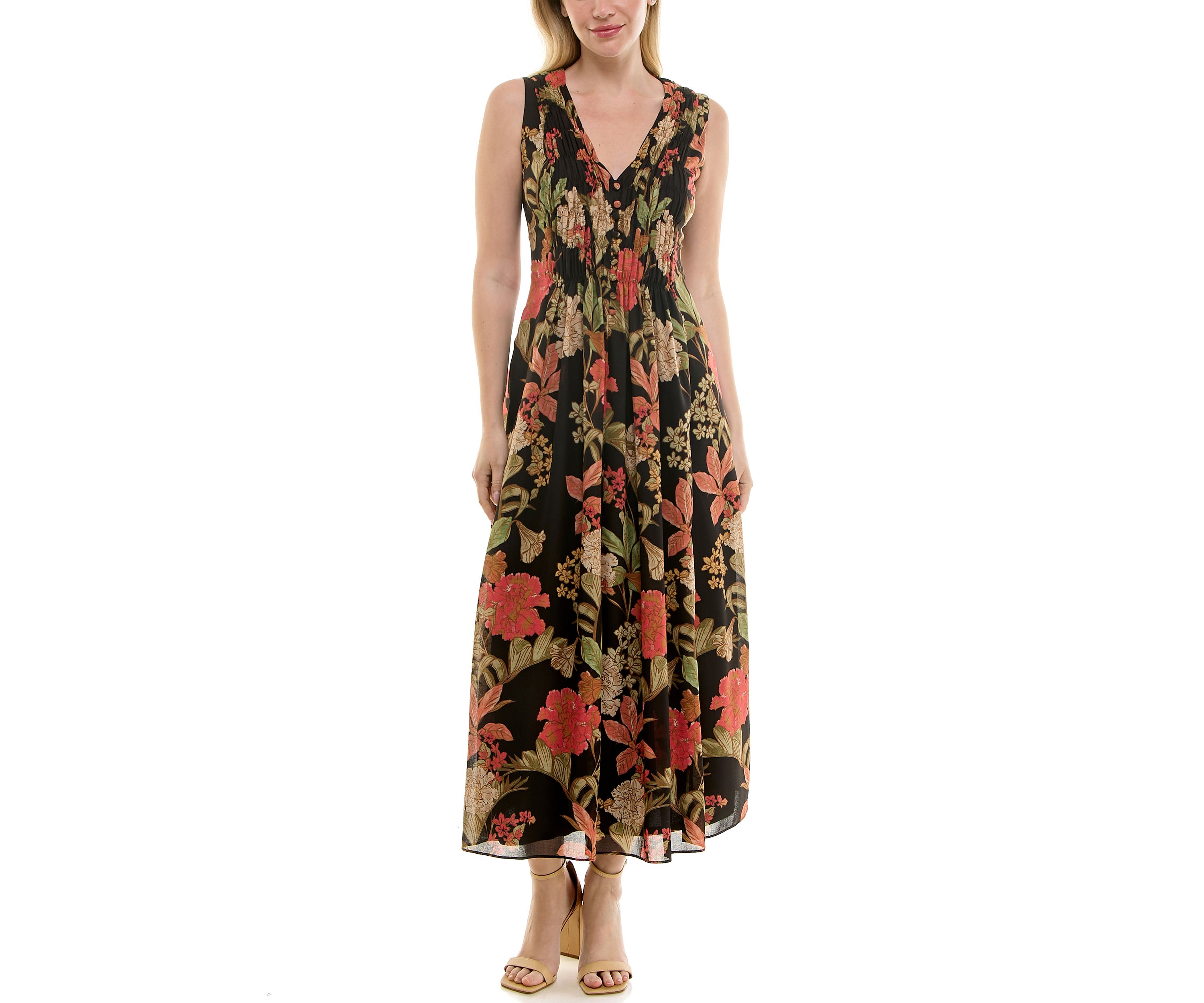 Womens Printed V-Neck Smocked Dress