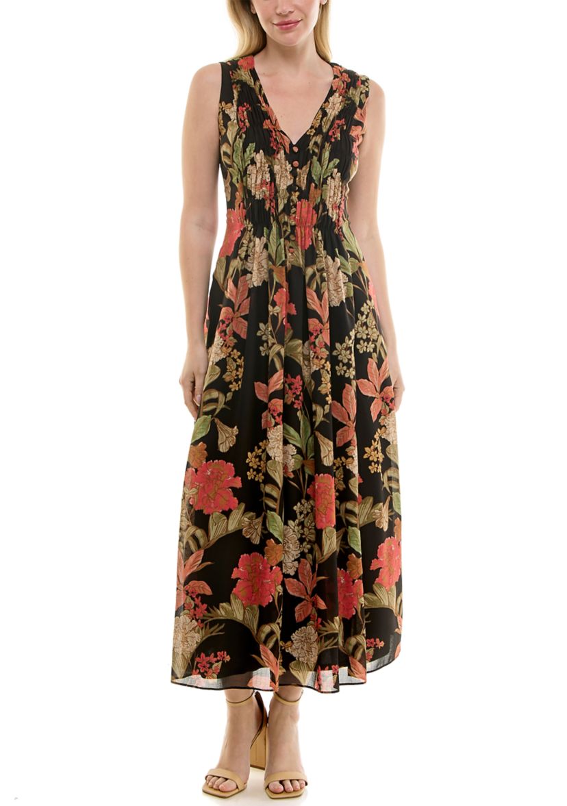 Womens Printed V-Neck Smocked Dress