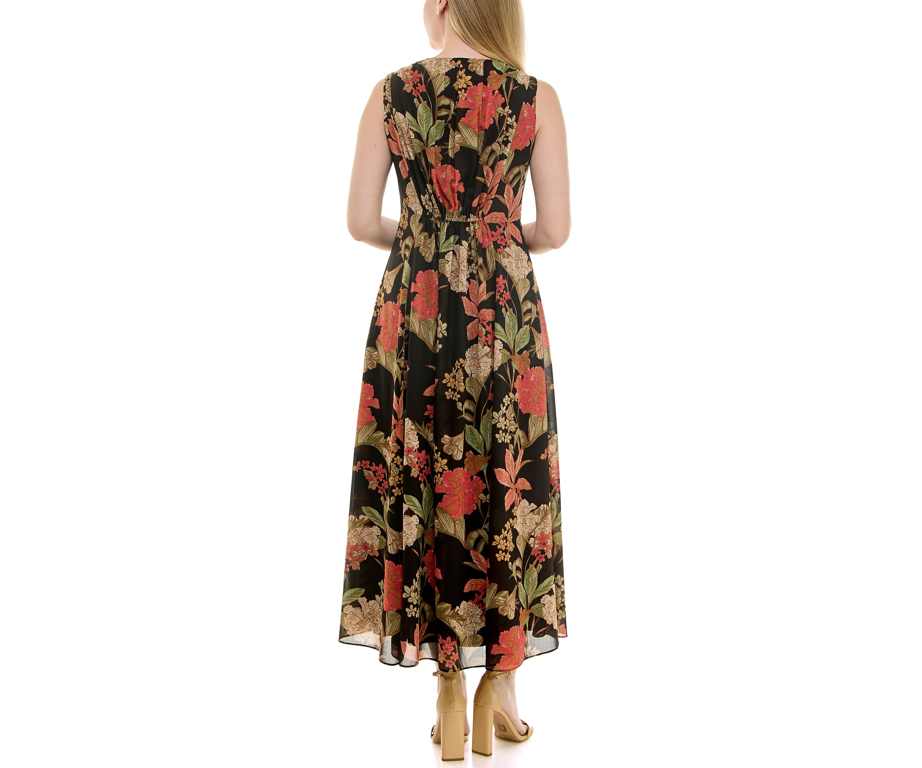 Womens Printed V-Neck Smocked Dress