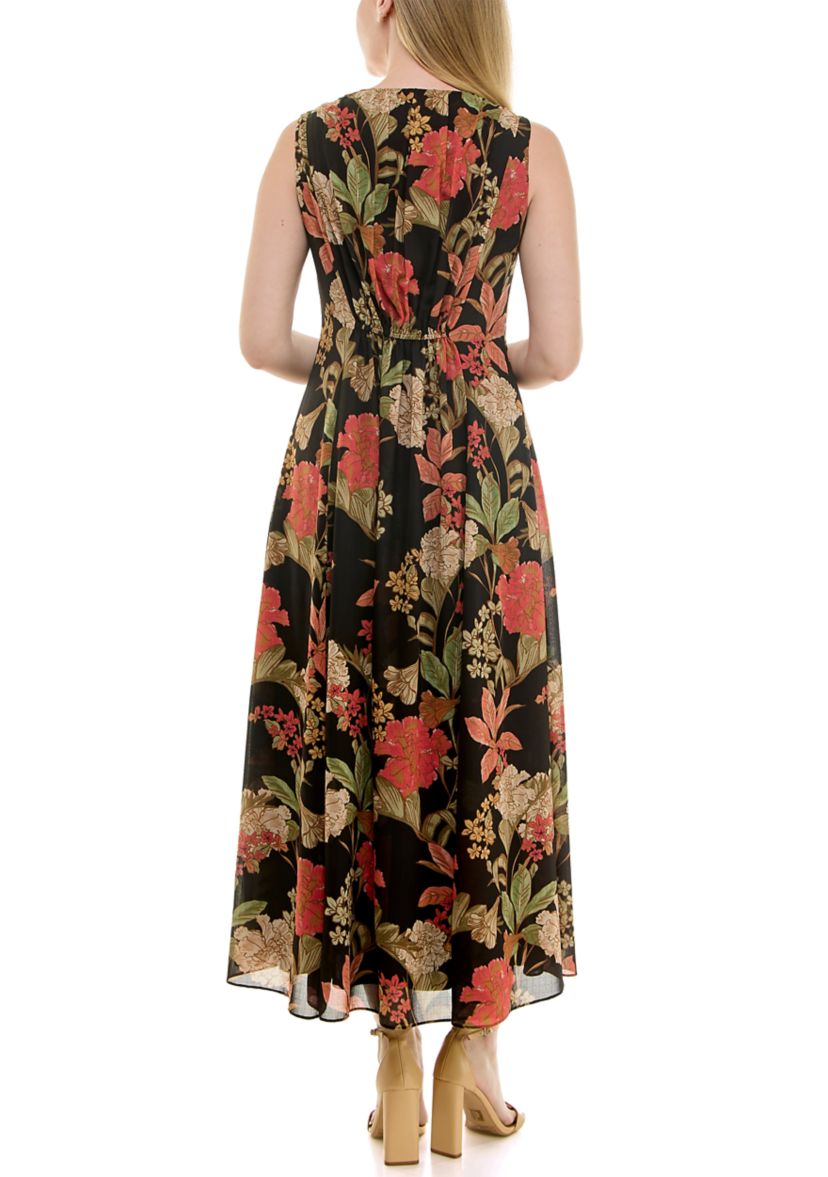 Womens Printed V-Neck Smocked Dress