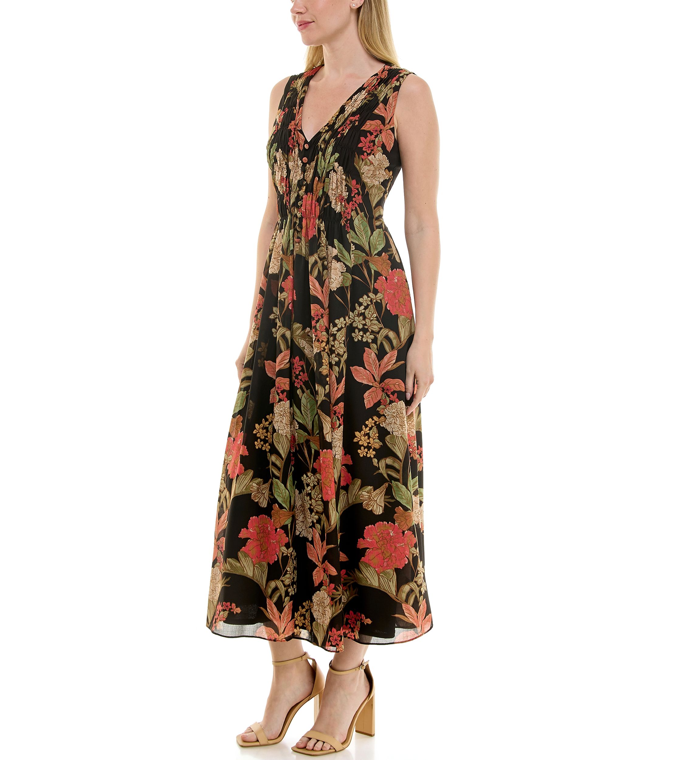 Womens Printed V-Neck Smocked Dress